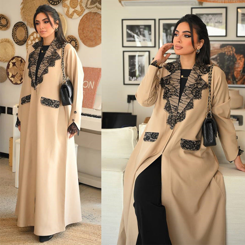 Apricot Lace Trim Open Front Long Sleeve Maxi Abaya Cardigan - Plus Size