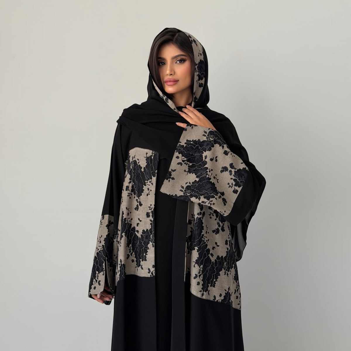 Black Lace Patchwork Open Outerwear Maxi Dress with Hijab Two-Piece Set Jalabiya Modest Long Dress for Eid Ramadan Festive Celebration S-XXL