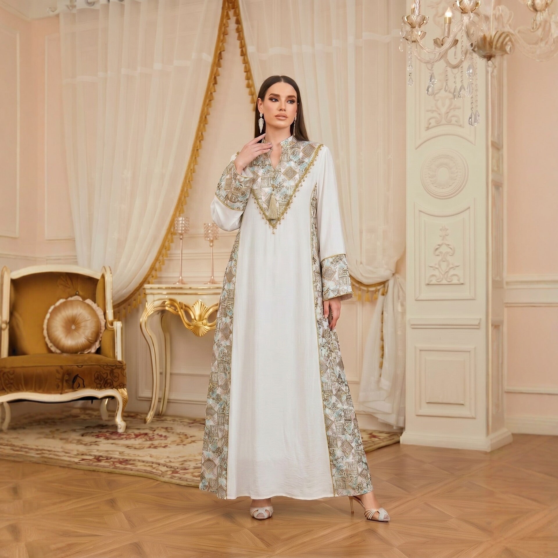 White Apricot Light Blue V-Neck Embroidered Pendant Evening Maxi Abaya
