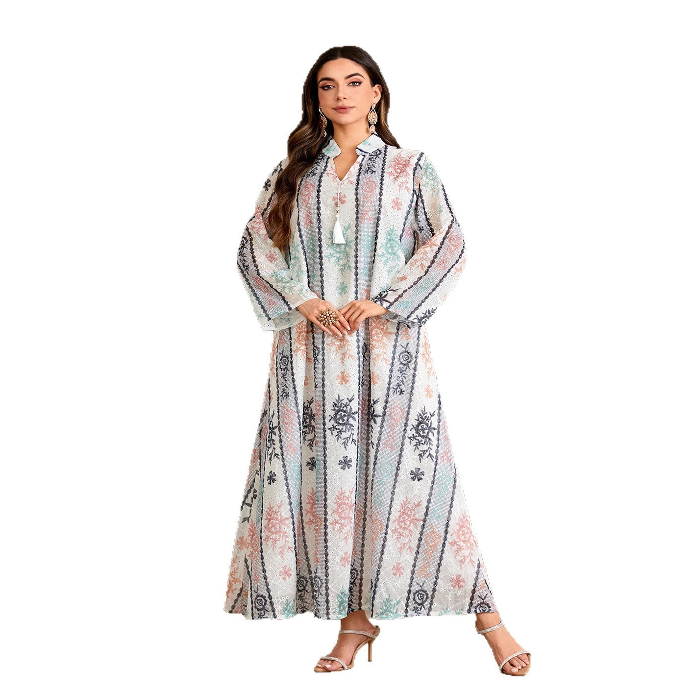 Luxury Floral Print Rhinestone Embellished Gown Jalabiya Modest Long Maxi Dress for Muslim Women Eid Ramadan S-XXL