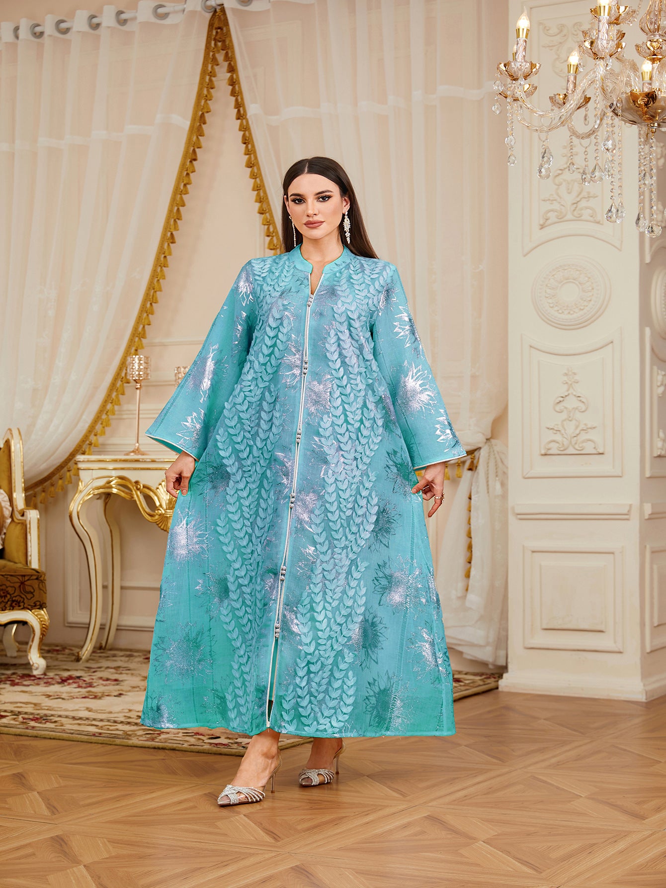 Luxury Embroidered Leaf Applique Mesh Gown Jalabiya Modest Long Maxi Evening Dress for Muslim Women Eid Ramadan S-XXL