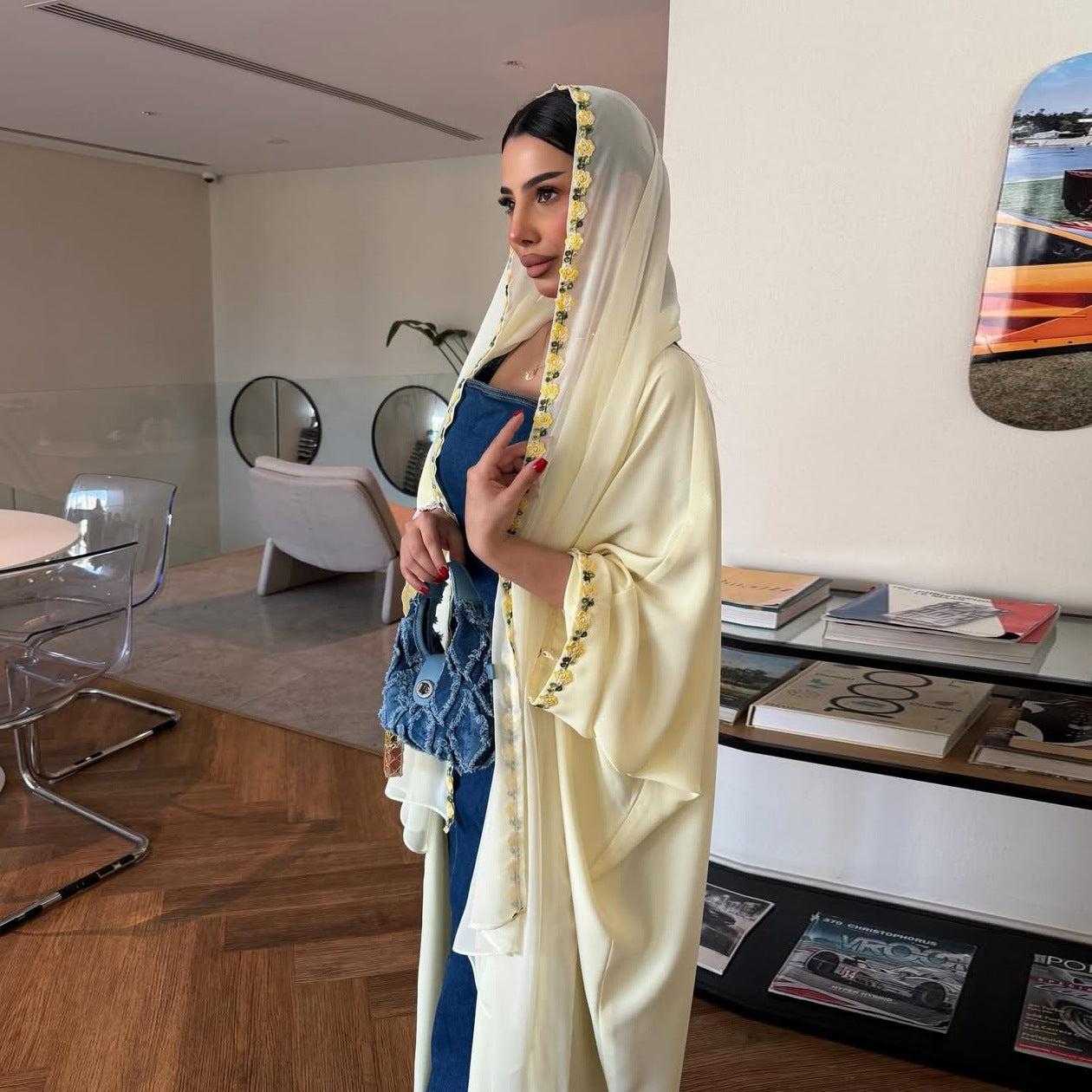 White and Yellow Floral Print Maxi Dress with Hijab Two-Piece Set