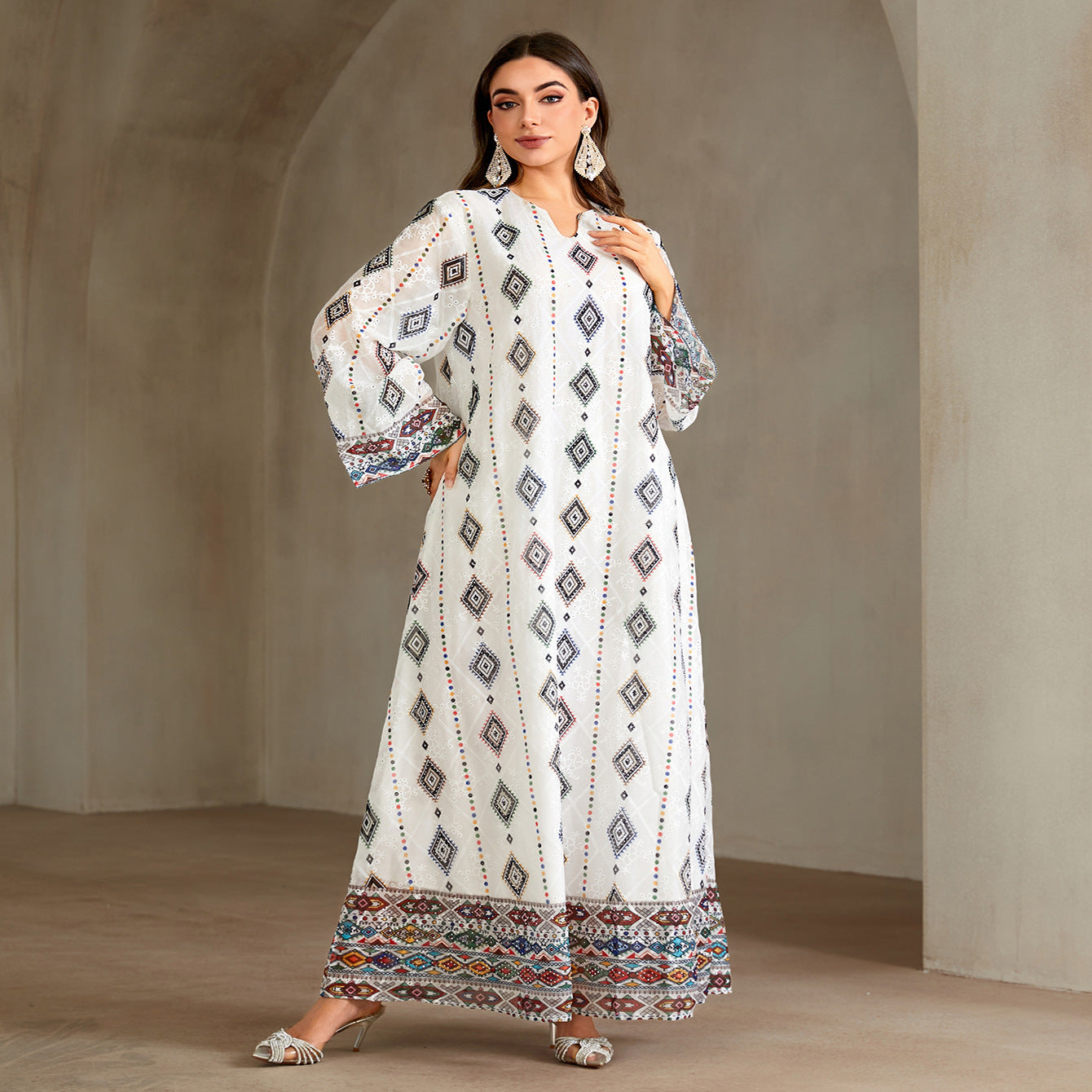 Embroidered Geometric Diamond Print V-Neck Gown Jalabiya Modest Loose Maxi Dress for Muslim Women Eid Ramadan S-XXL