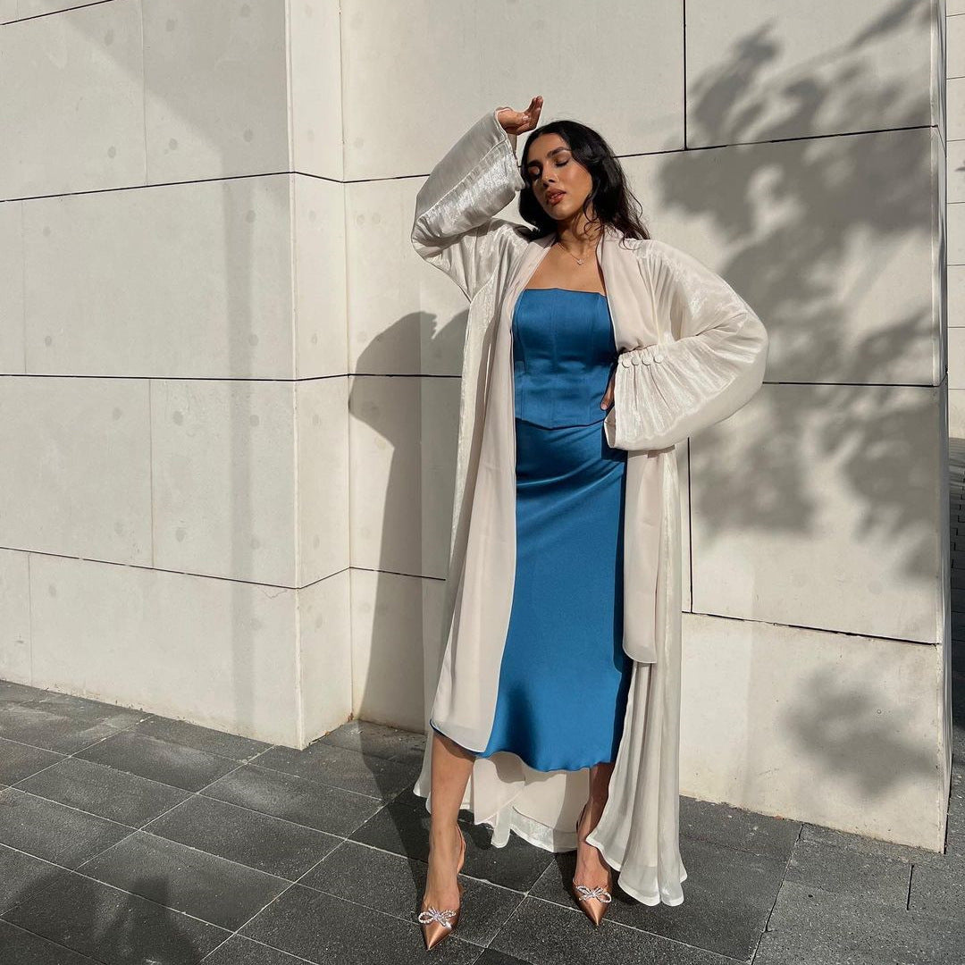 Elegant Button Cuff Open Cardigan Gown Modest Maxi Dress Abaya Jalabiya for Muslim Women Eid Ramadan Party One Size