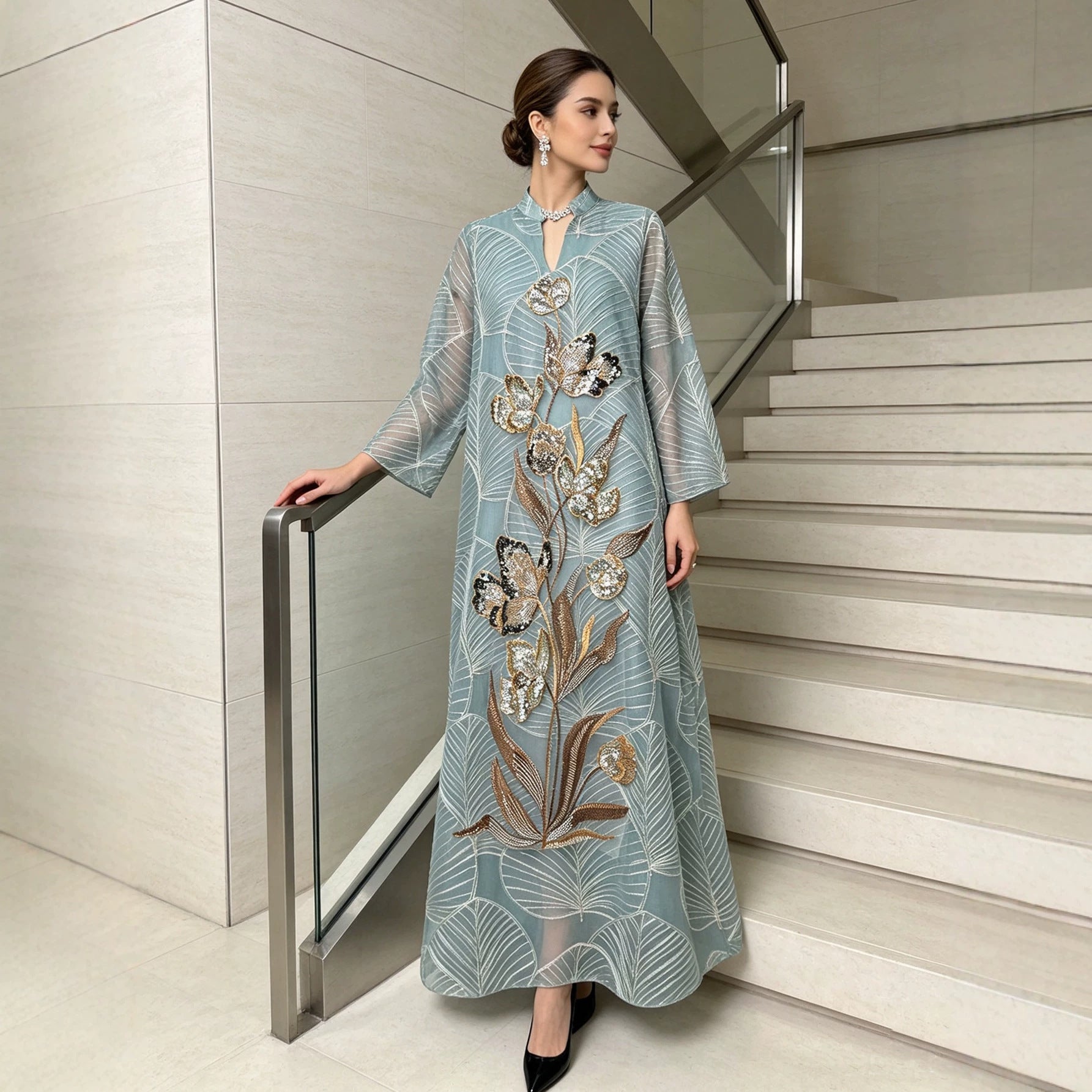 Apricot Emerald Green and Wine Red Leaf Pattern Embroidered Maxi Abaya