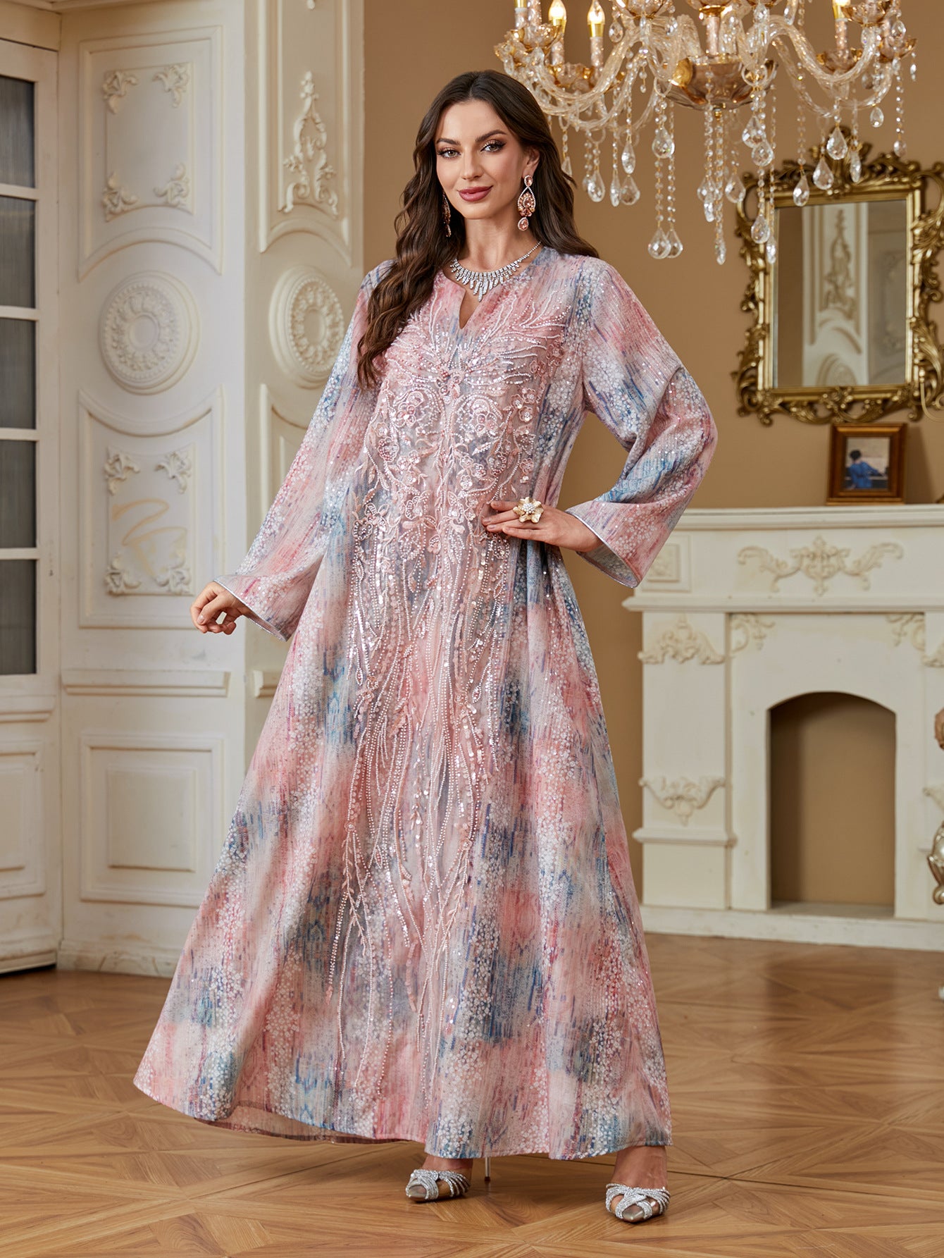 Soft Glossy Modest Long Robe For Ladies Vertical Sequined Craft Oversized Flare Sleeve Muslim Gown Pink Blue Green Tie Dye Pattern Formal Occasion Outfit