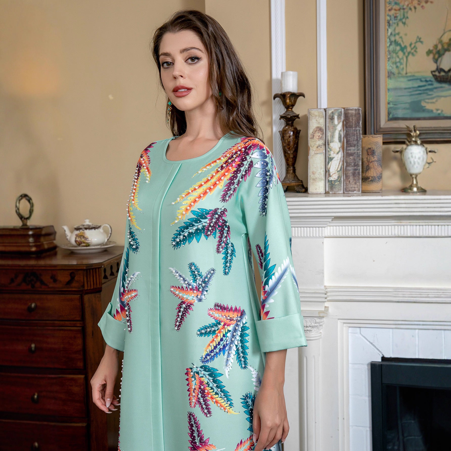 Light Green Ethnic Print Beaded Abaya Gown - Modest Dress