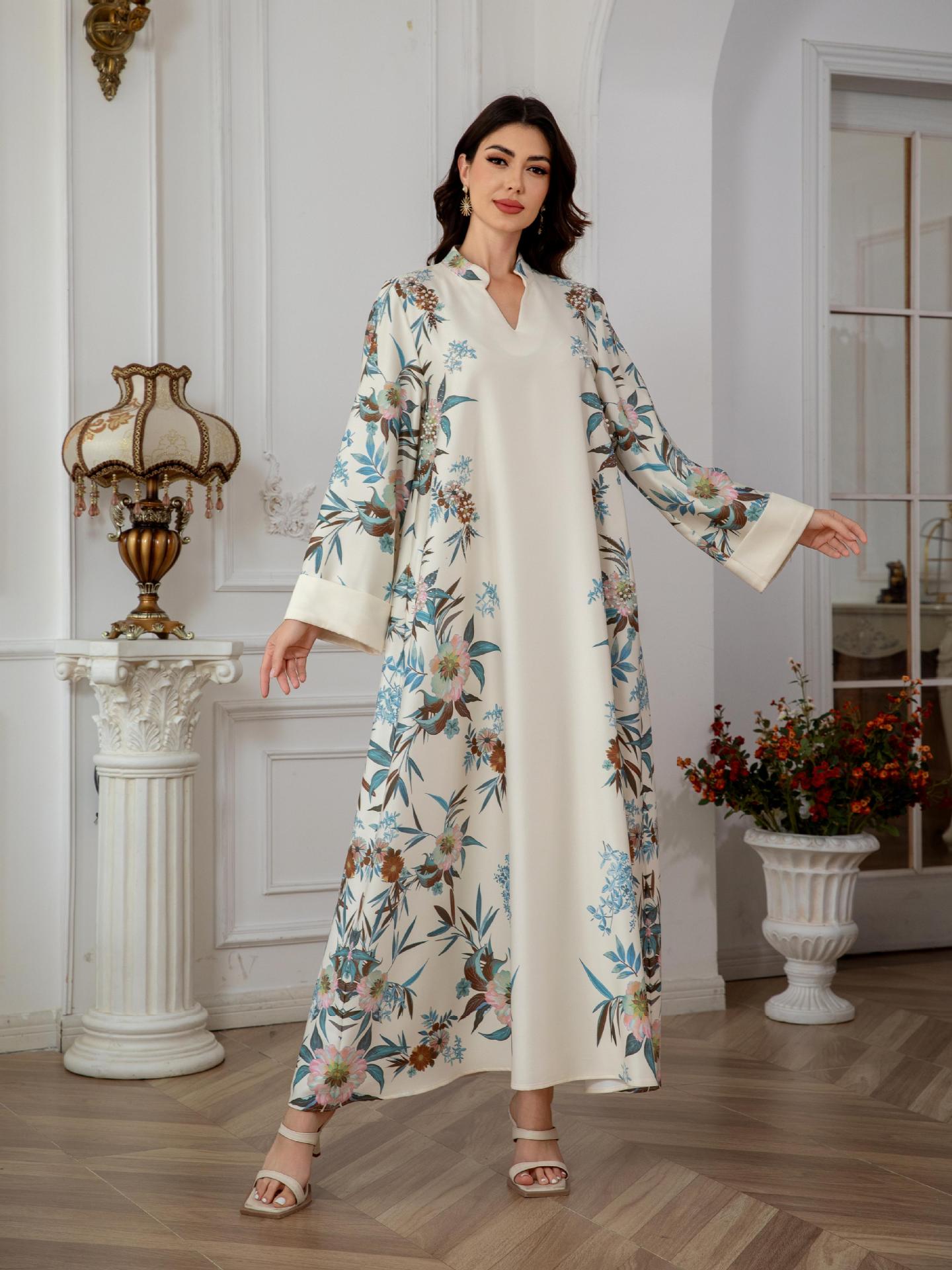 Serene Off White Floral Kaftan – Modest Muslim Maxi Dress