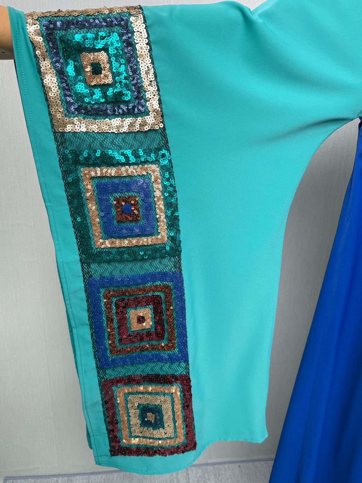Blue Color Block Sequin Embroidered Stand Collar Gown Long Maxi Dress Modest Muslim Banquet