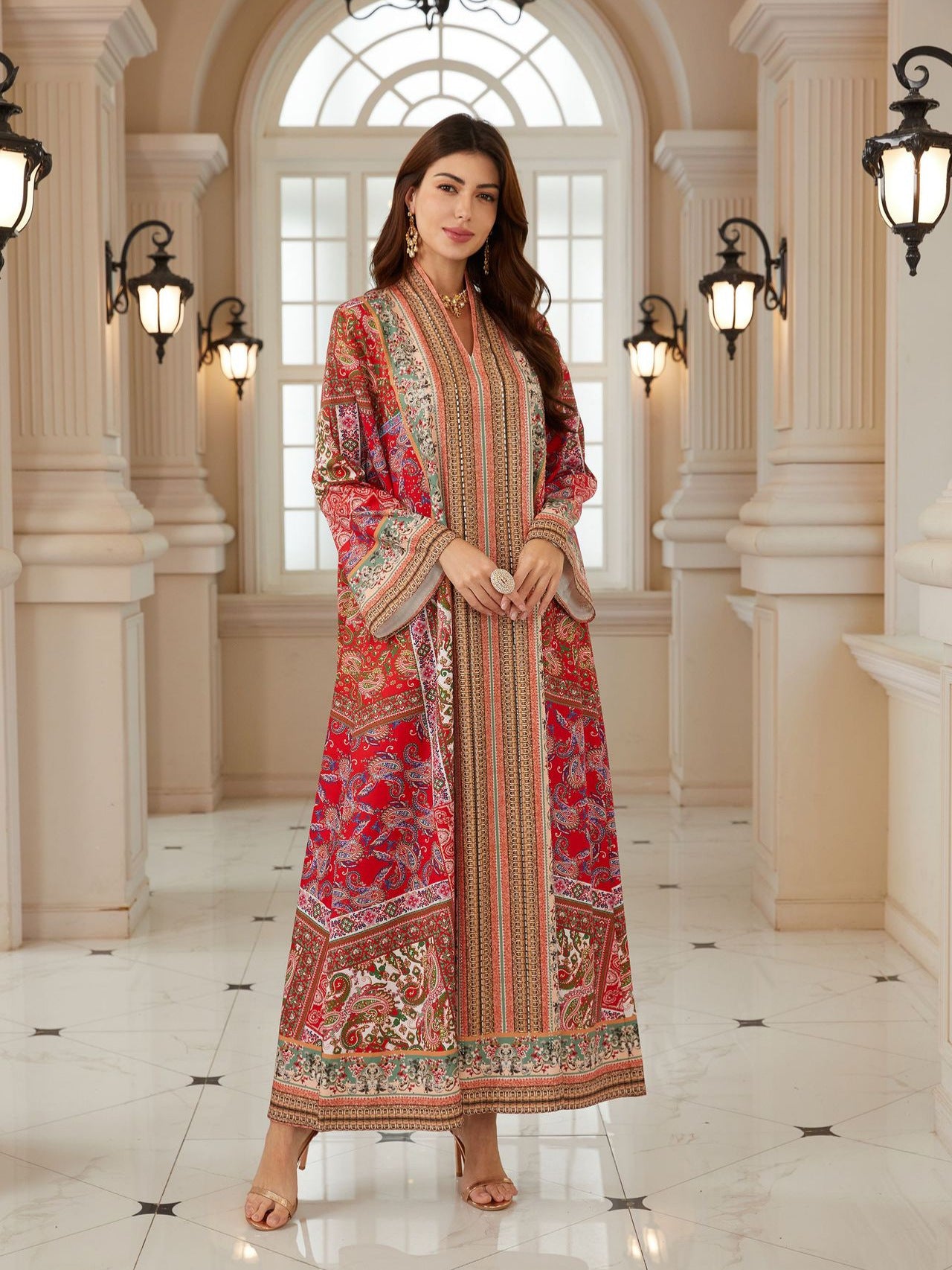 Graceful Red Boho Abaya – Printed Muslim Maxi Dress for Eid