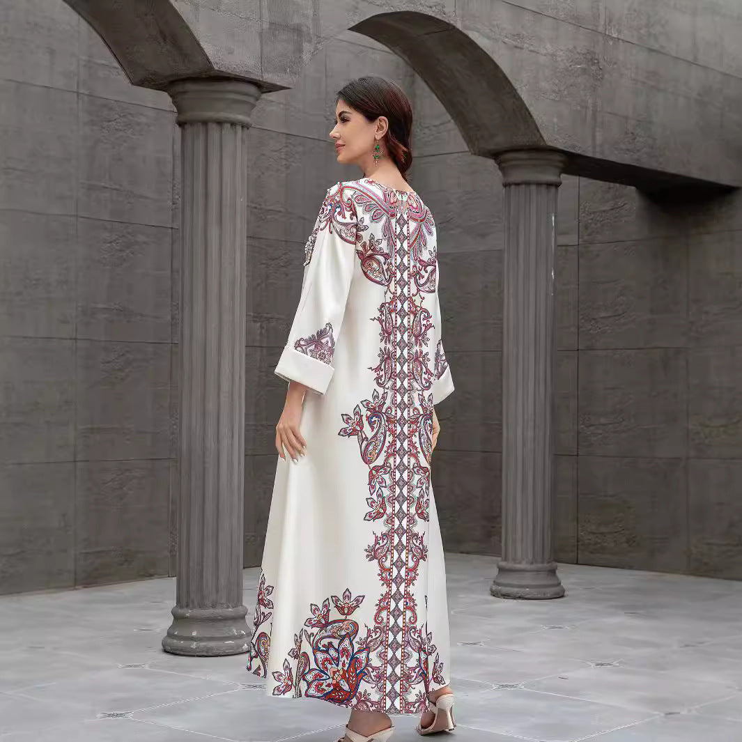 Apricot Floral Print Rhinestone Embroidered Maxi Abaya Dress