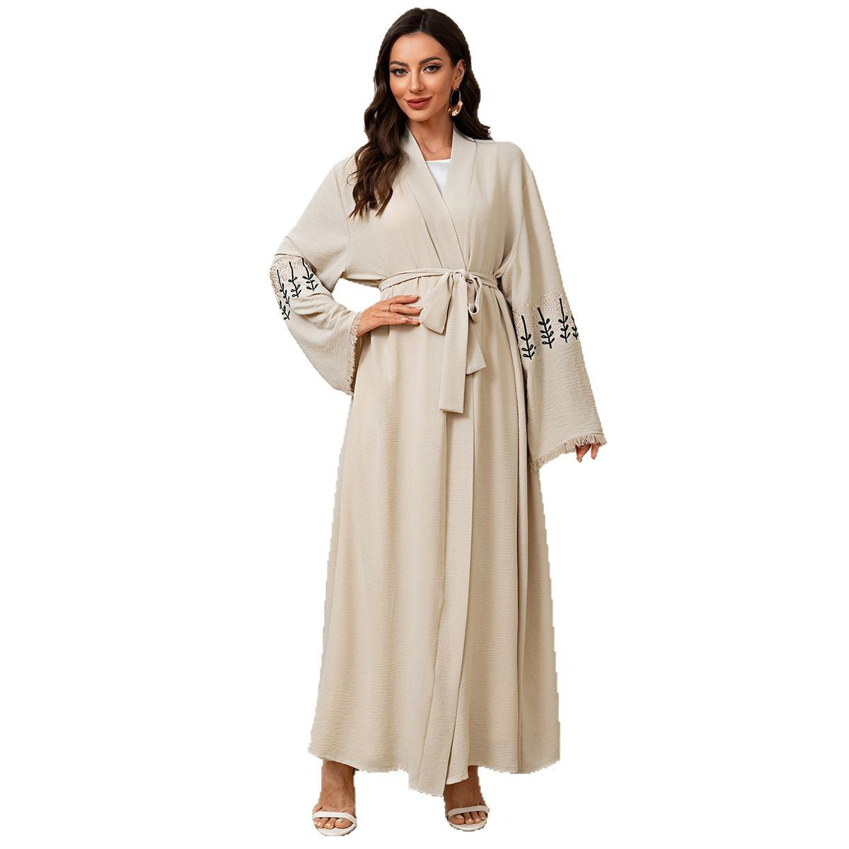 Embroidered Belted Open Front Long Maxi Cardigan Abaya Modest Long Robe for Muslim Women Eid Ramadan Festive Celebration One Size