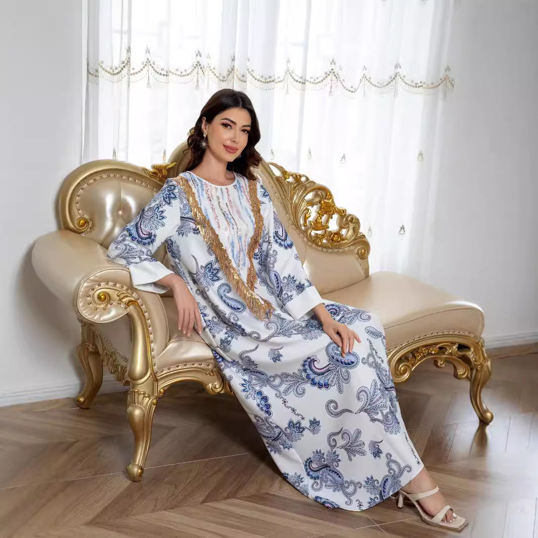 White Floral Print Evening Maxi Abaya Dress - Modest Long Sleeve Robe