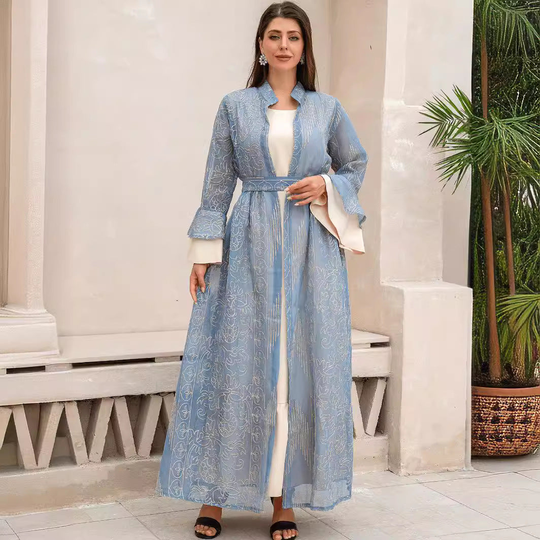 Premium Gold Embroidered Two Piece Abaya Set Women Light Blue Sheer Stand Collar Flare Sleeve Open Robe Matching Waist Belt Floor Length White Inner Dress Luxury Modest Outfit For Middle East Eid Celebration & Nikkah Wedding Ceremony
