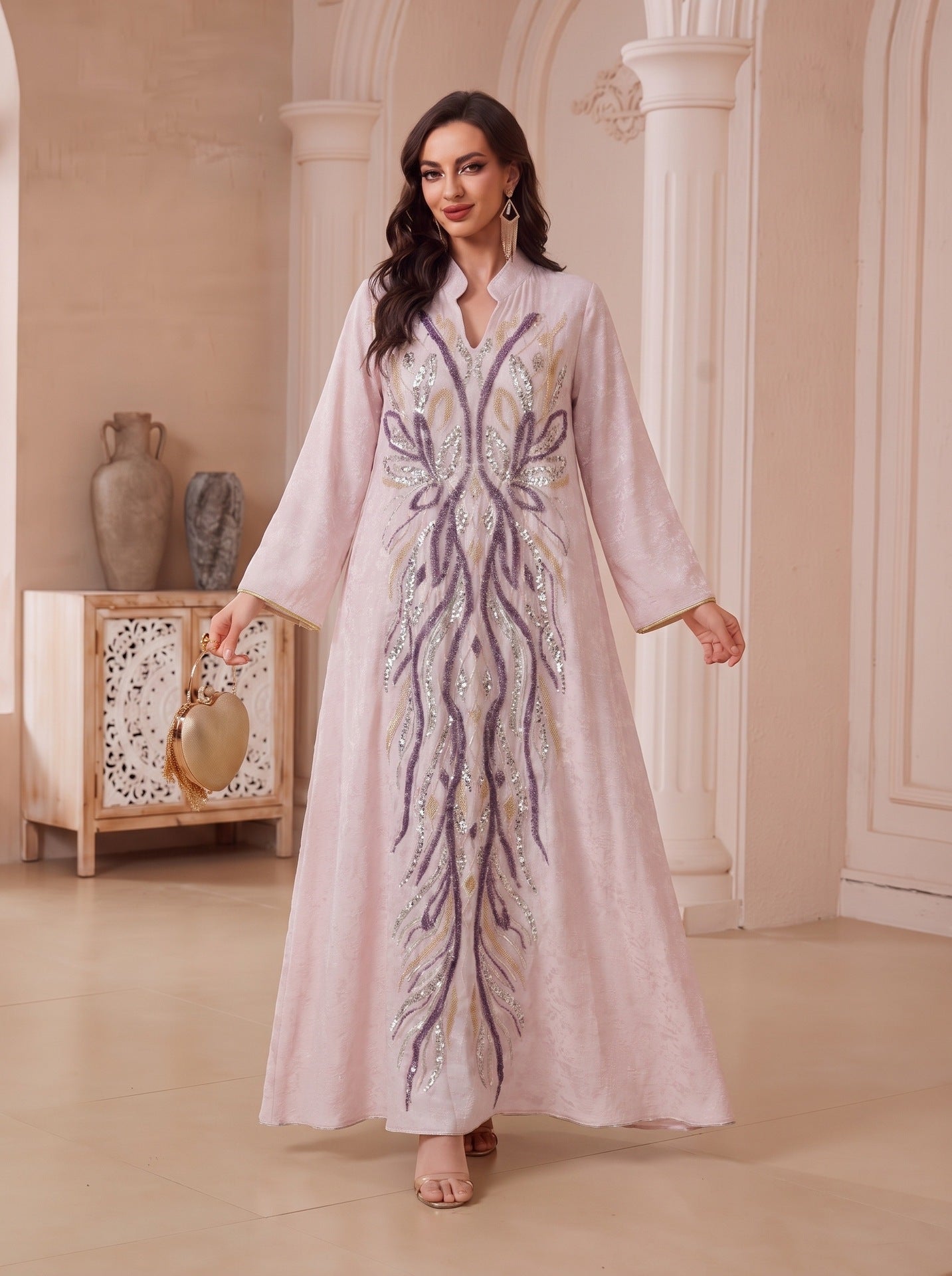 Multi-Color V-Neck Beaded Embroidered Jacquard Maxi Abaya Dress