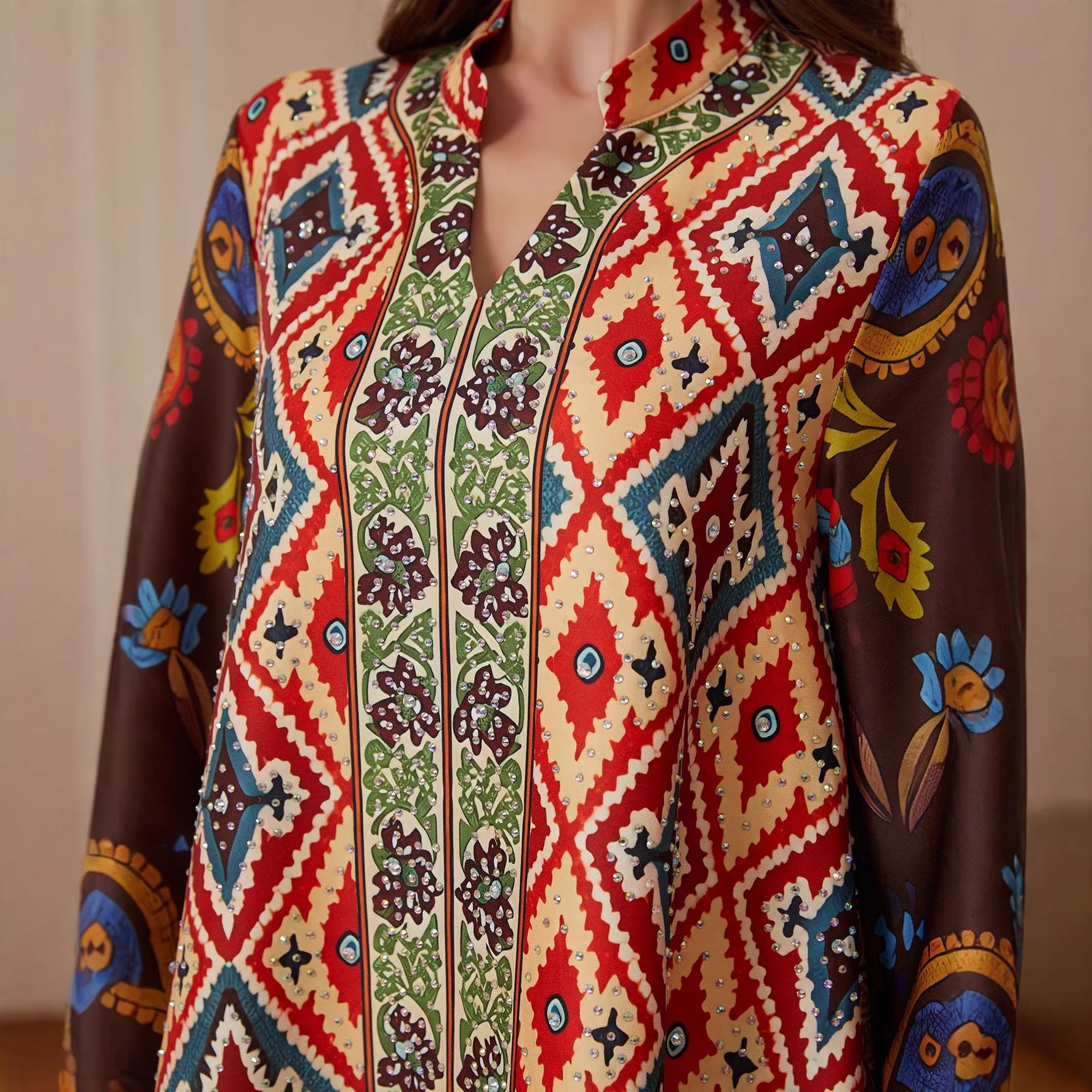 Floral Print Rhinestone Abaya Dress - Modest Muslim Ramadan Eid