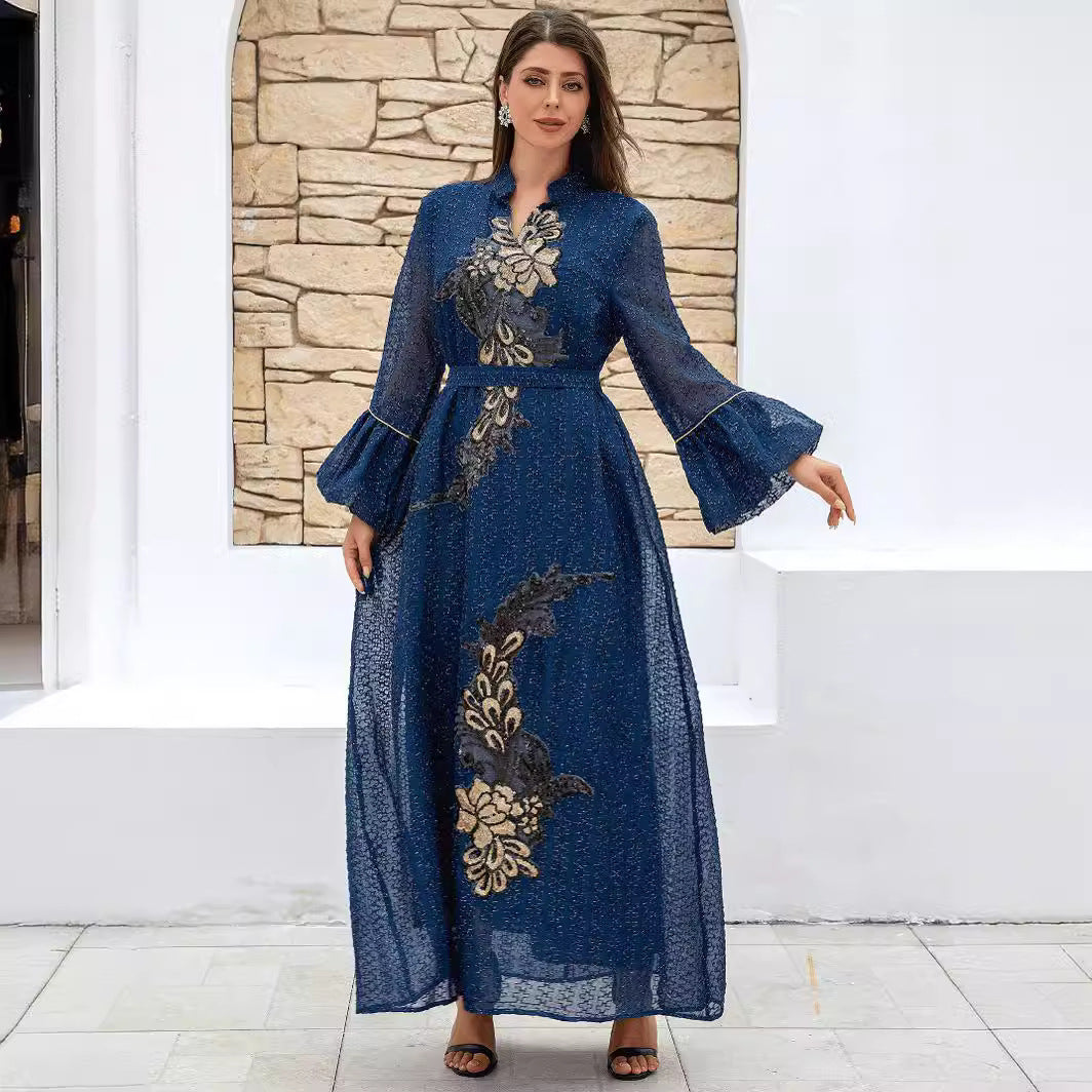 2026 Couture Embellished Plus Size Modest Abaya Deep Blue Sparkling Mesh Fabric Elegant Gold Floral Peacock Applique Stand Collar Bell Sleeve Belted Maxi Dress Premium Pan-Arab Attire For Curvy Ladies Ramadan Socials & Seasonal Wedding Occasions