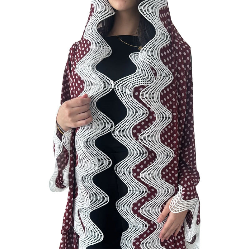 Red Polka Dot Chiffon Floral Print Ruffle Hem Abaya with Hijab Two-Piece Set