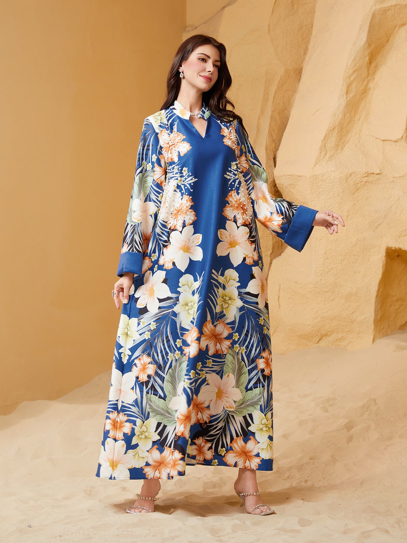 Apricot Purple Blue Printed Abaya - Plus Size African Long Robe