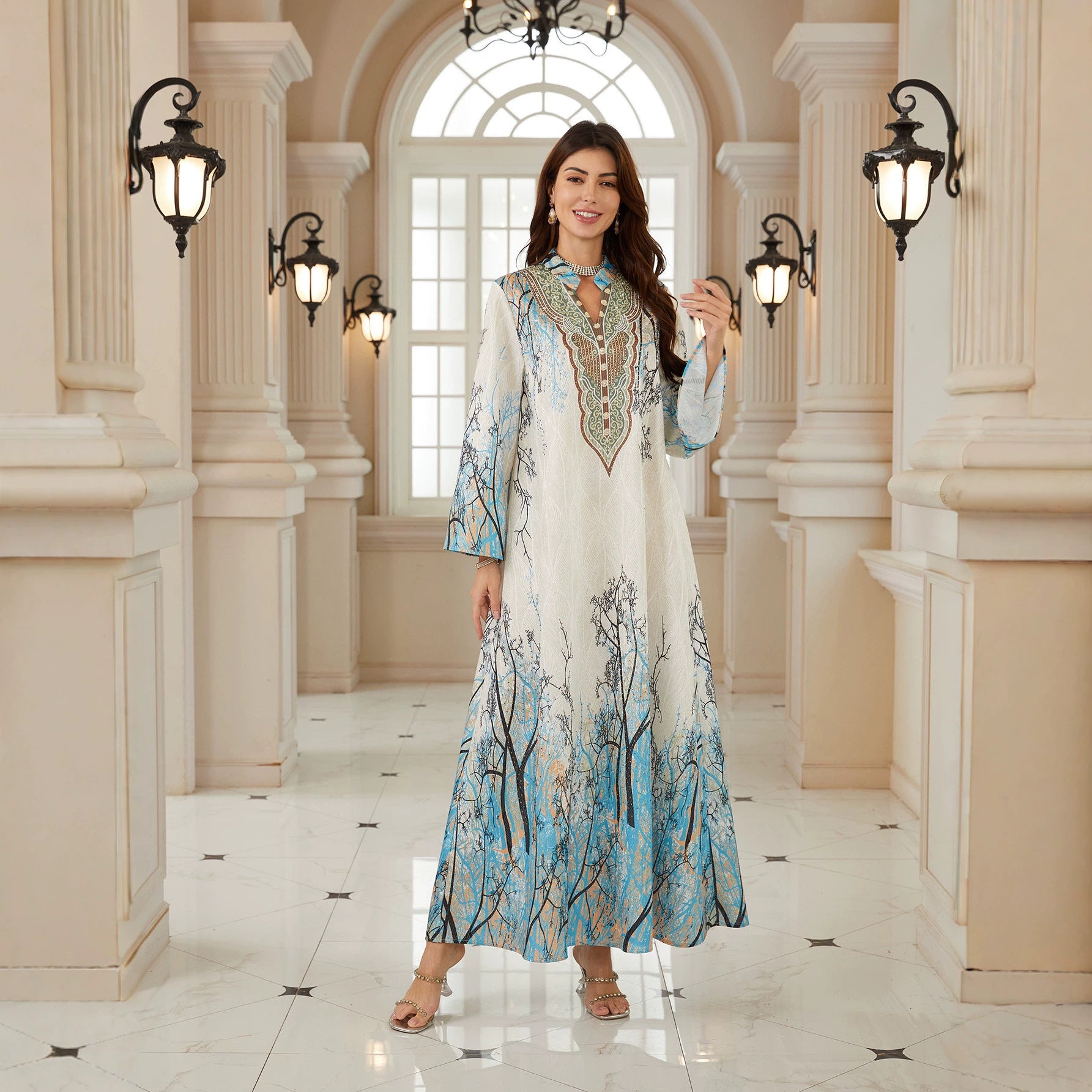 White Base Blue Tree Branch Print Stand Collar Abaya Long Flare Sleeve V Neck Decorative Embroidery Modest Muslim Women Full Length Kaftan Dress For Daily Ramadan Party