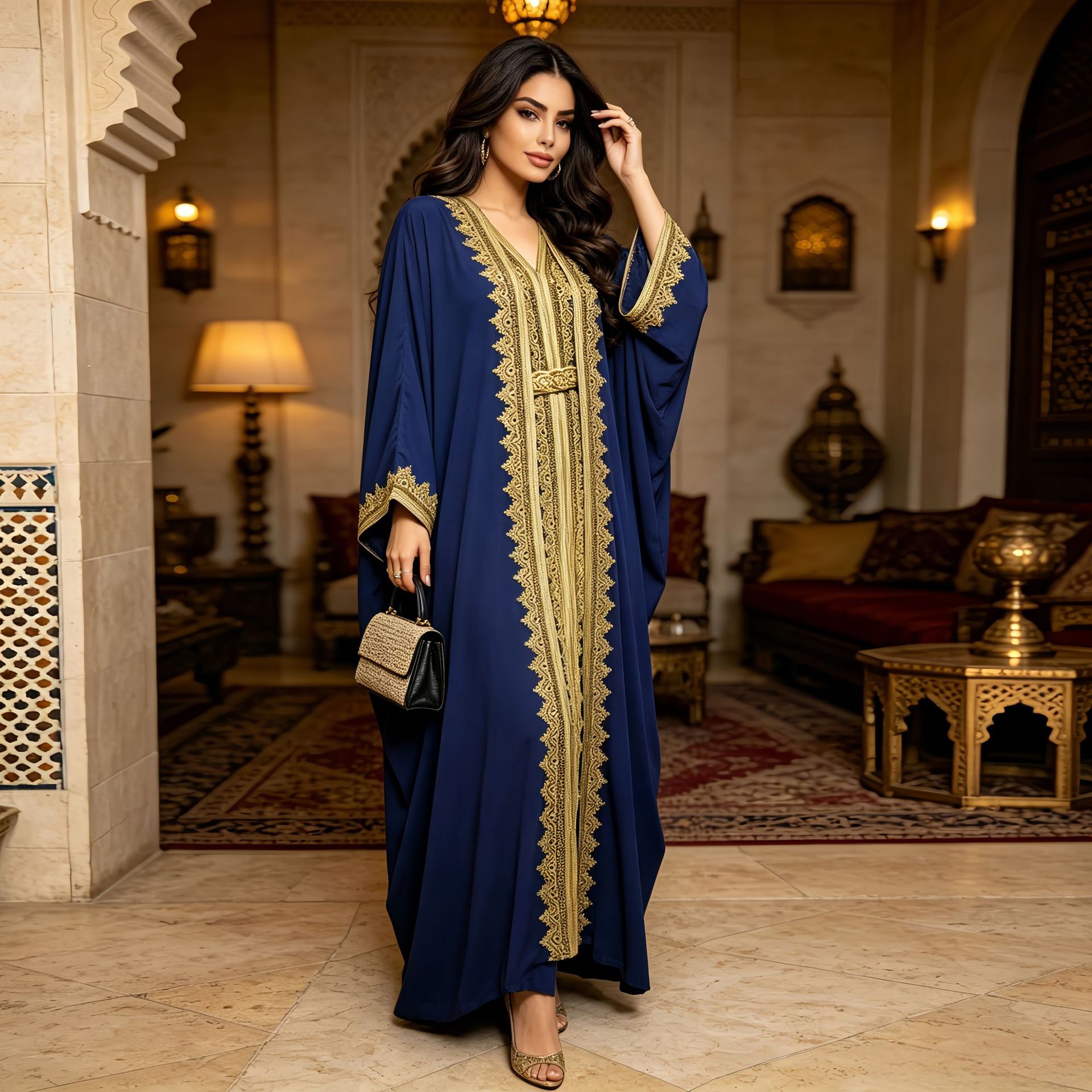 Sky Blue Navy and Rose Red Beaded Open Cardigan Maxi Dress Set with Vest