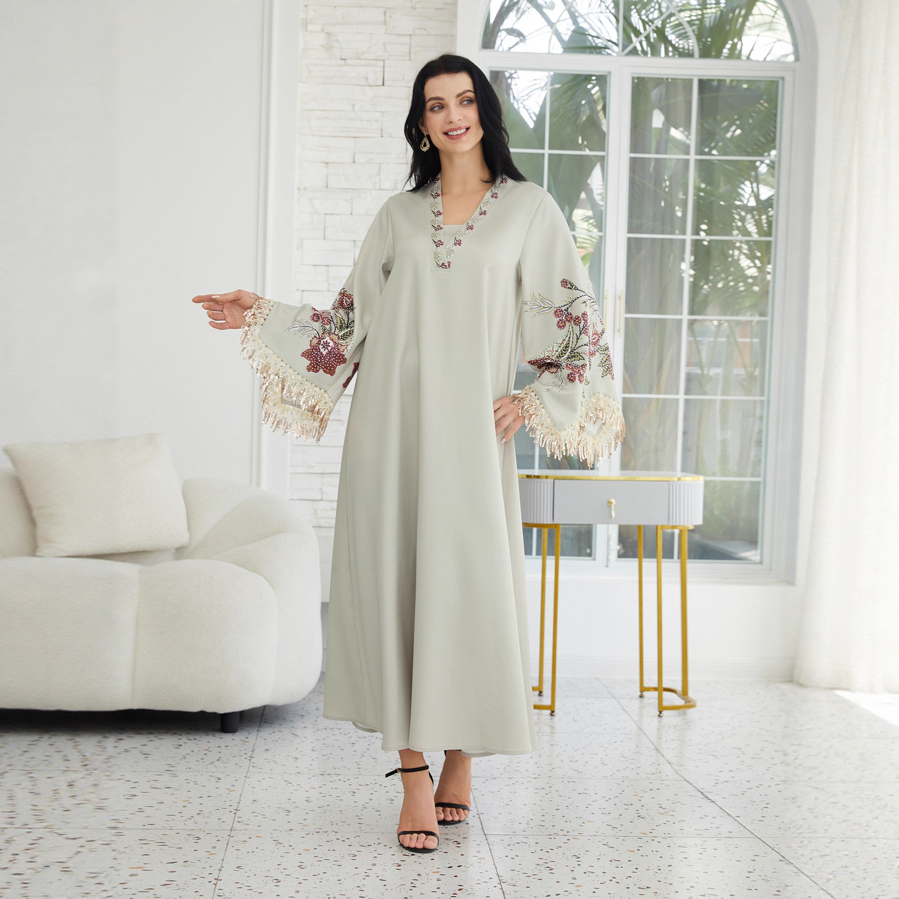 Pastel Light Green Matte Crepe Long Kaftan Robe For Ladies V-Neck Oversized Flare Cuff With Shiny Gold Fringe Sleeve Floral Embroidery Full Length Formal Modest Outfit