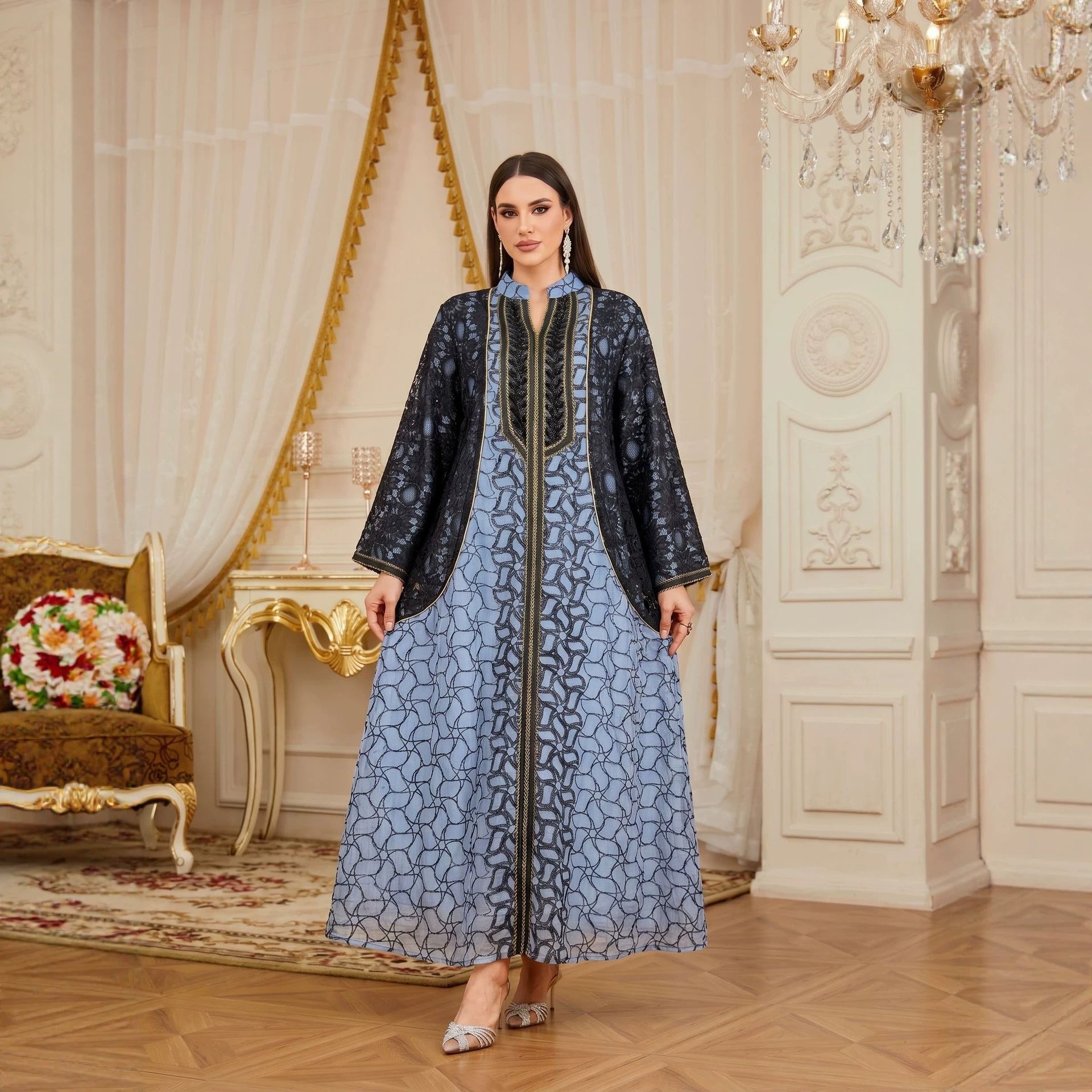 Luxury Banquet Sequin Embroidered Contrast Gown Jalabiya Modest Long Maxi Dress for Muslim Women Eid Ramadan Party S-XXL