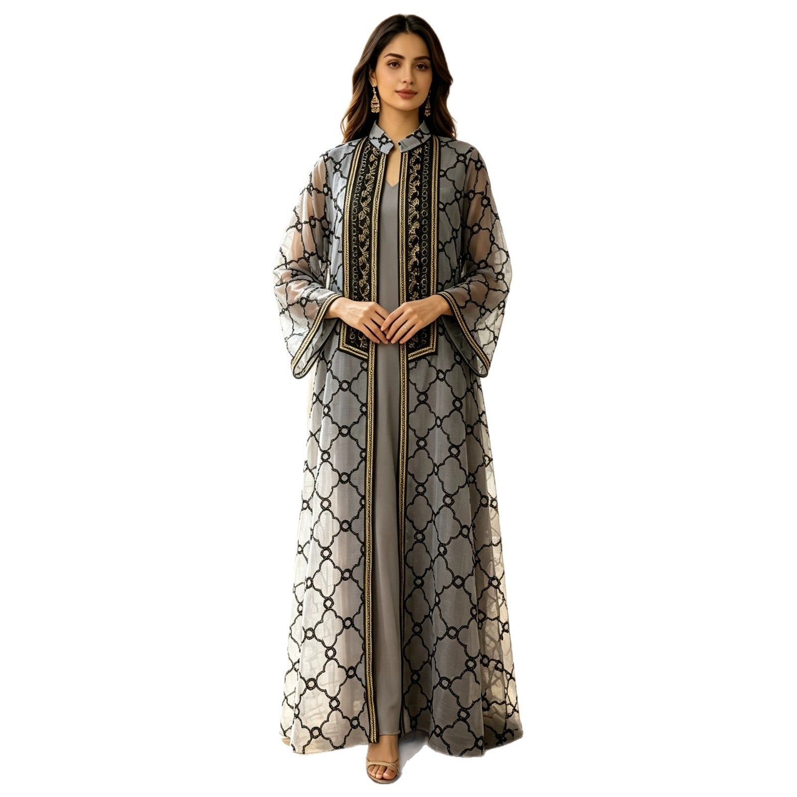 Grey and Black Heavy Embroidered Mesh Open Cardigan Two-Piece Maxi Set