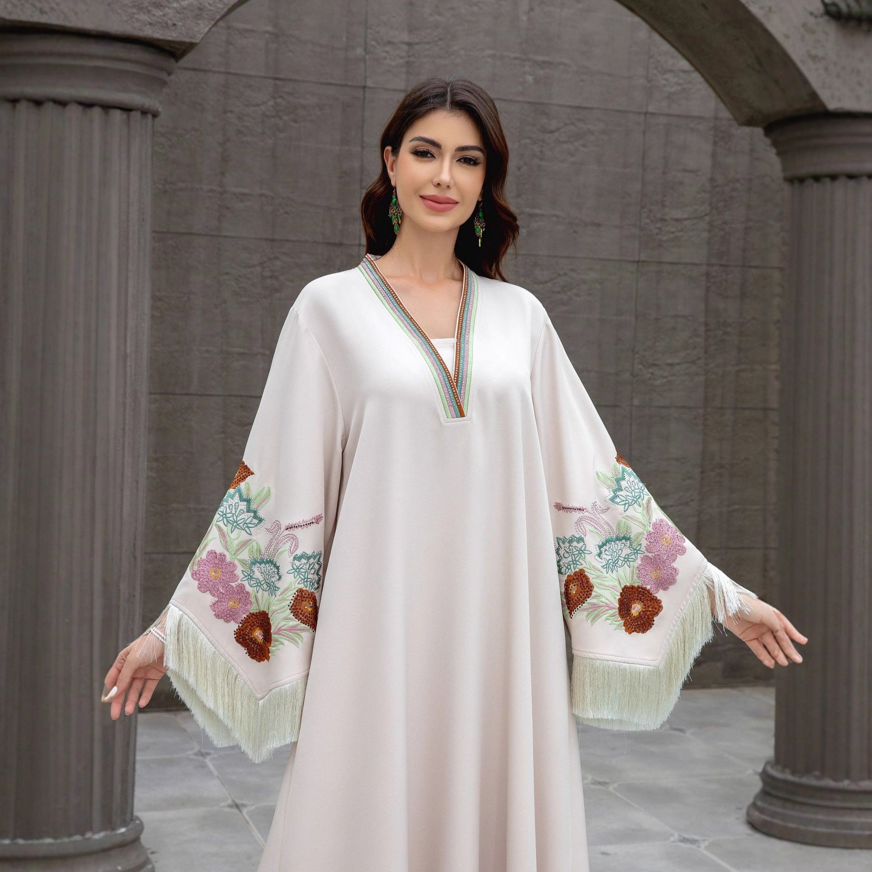 Dubai Islamic Modest Abaya Striped Collar Colorful Floral Embroidery Tassel Bell Sleeve Oversized Kaftan Gown For Muslim Ladies Daily Holiday