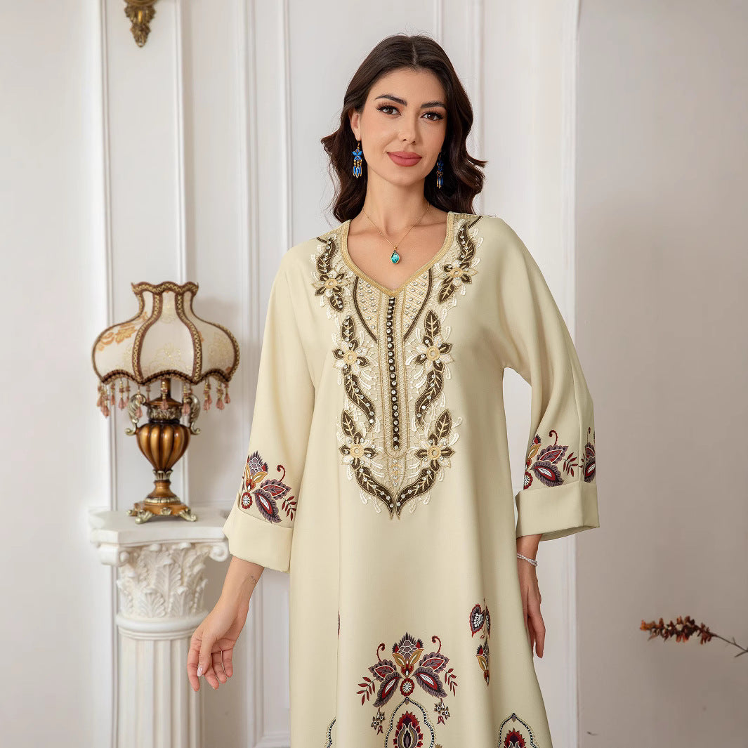 Apricot Floral Print Embroidered Rhinestone Maxi Abaya Dress