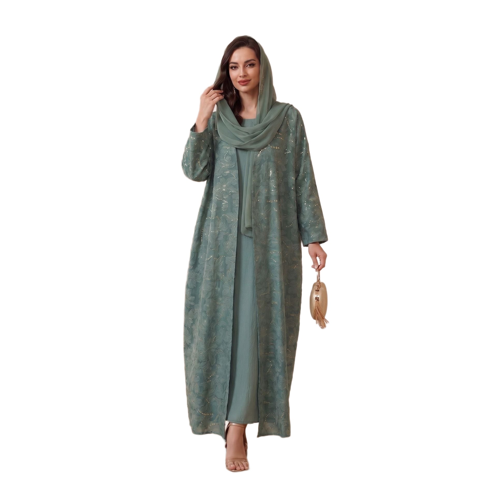 Black Peacock Green Open Outerwear with Hijab Set