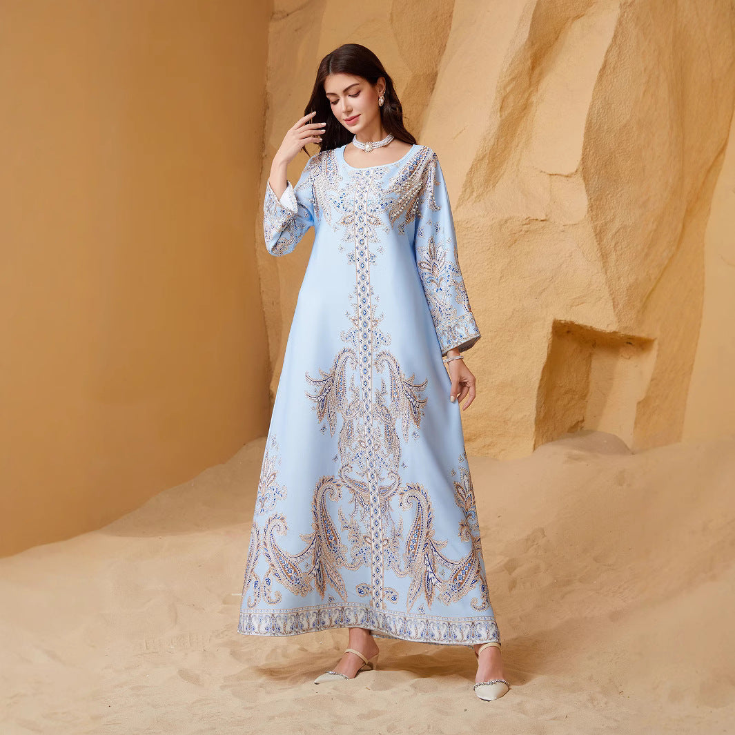 Light Blue and Yellow Rhinestone Beaded Round Neck Fitted Abaya Dress
