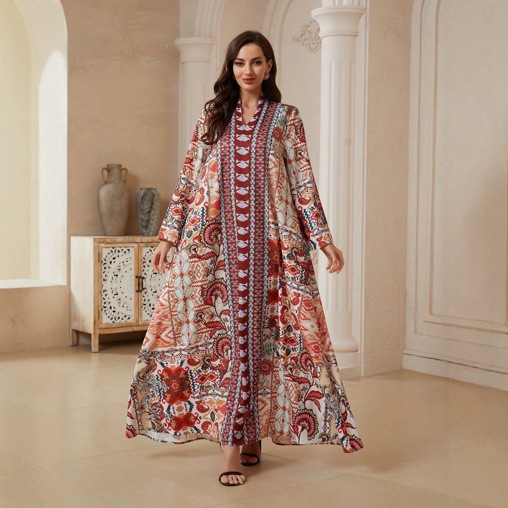 Floral V-Neck Plus Size Maxi Dress - Loose Summer Muslim Gown