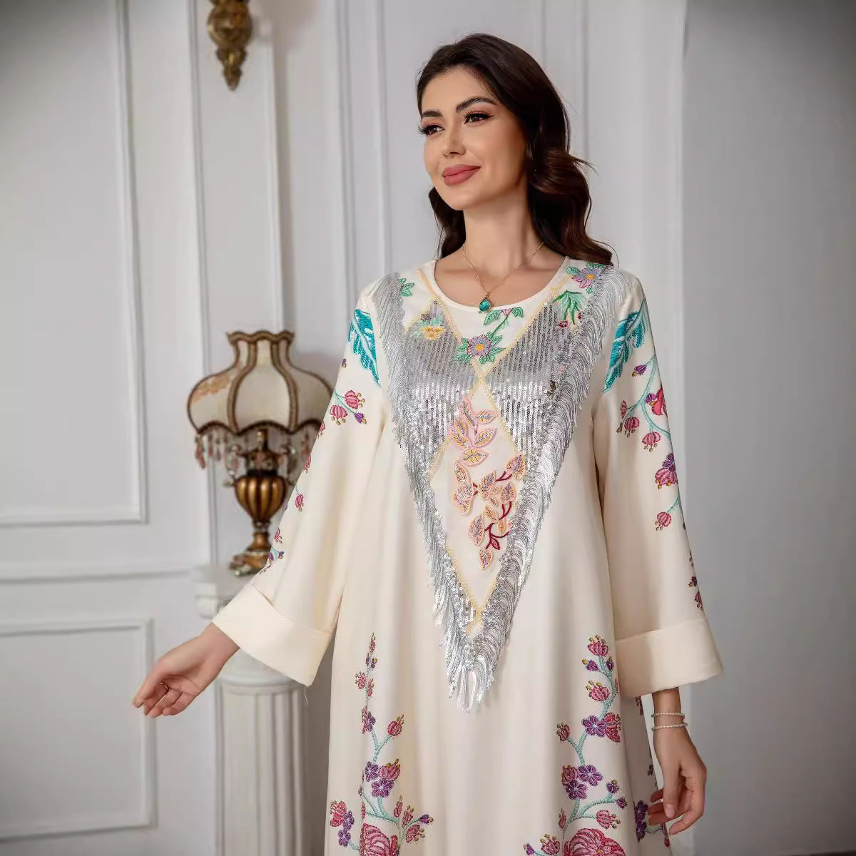 Ivory Floral Print Pullover Abaya - All-Over Stretch Modest Maxi Dress