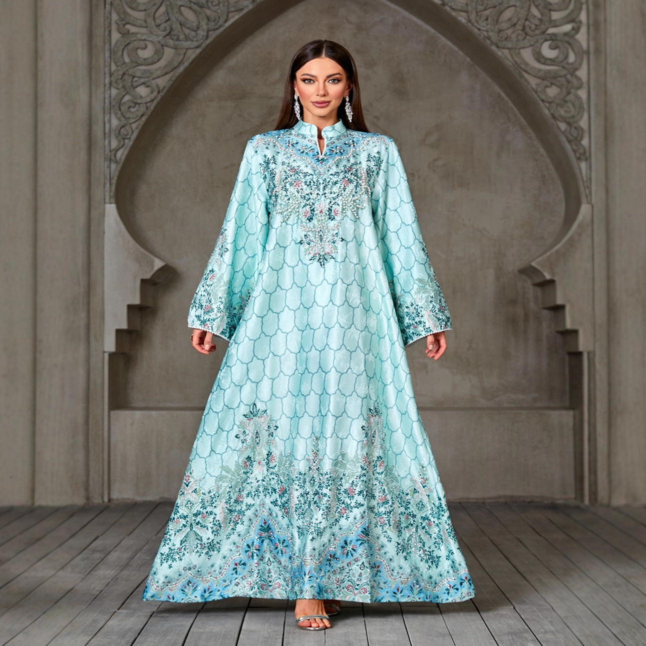 Jacquard Beaded Rhinestone Engineered Print Gown Jalabiya Modest Long Maxi Dress for Muslim Women Eid Ramadan S-XXL