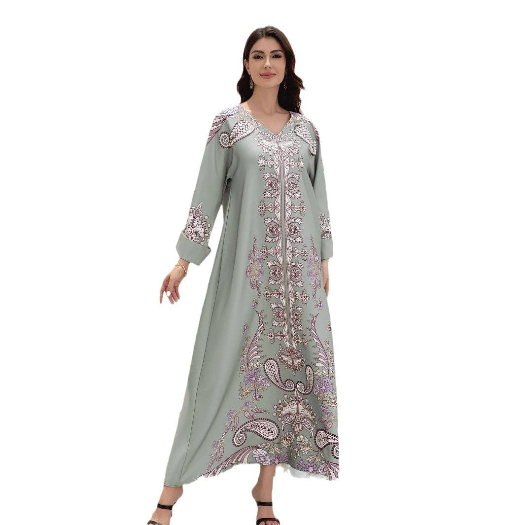 Silver Rhinestone V-Neck Printed Abaya Dress - Turn-Back Sleeve Modest Maxi