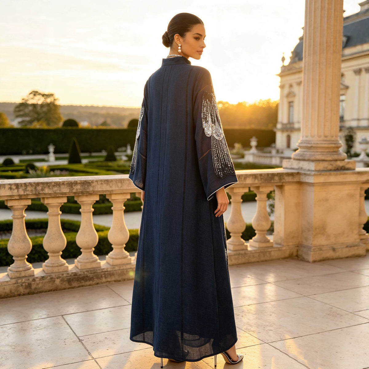 Pink Navy Apricot 2026 Sequin Applique Embroidered Long Gown Banquet Maxi Dress Modest Muslim Jalabiya