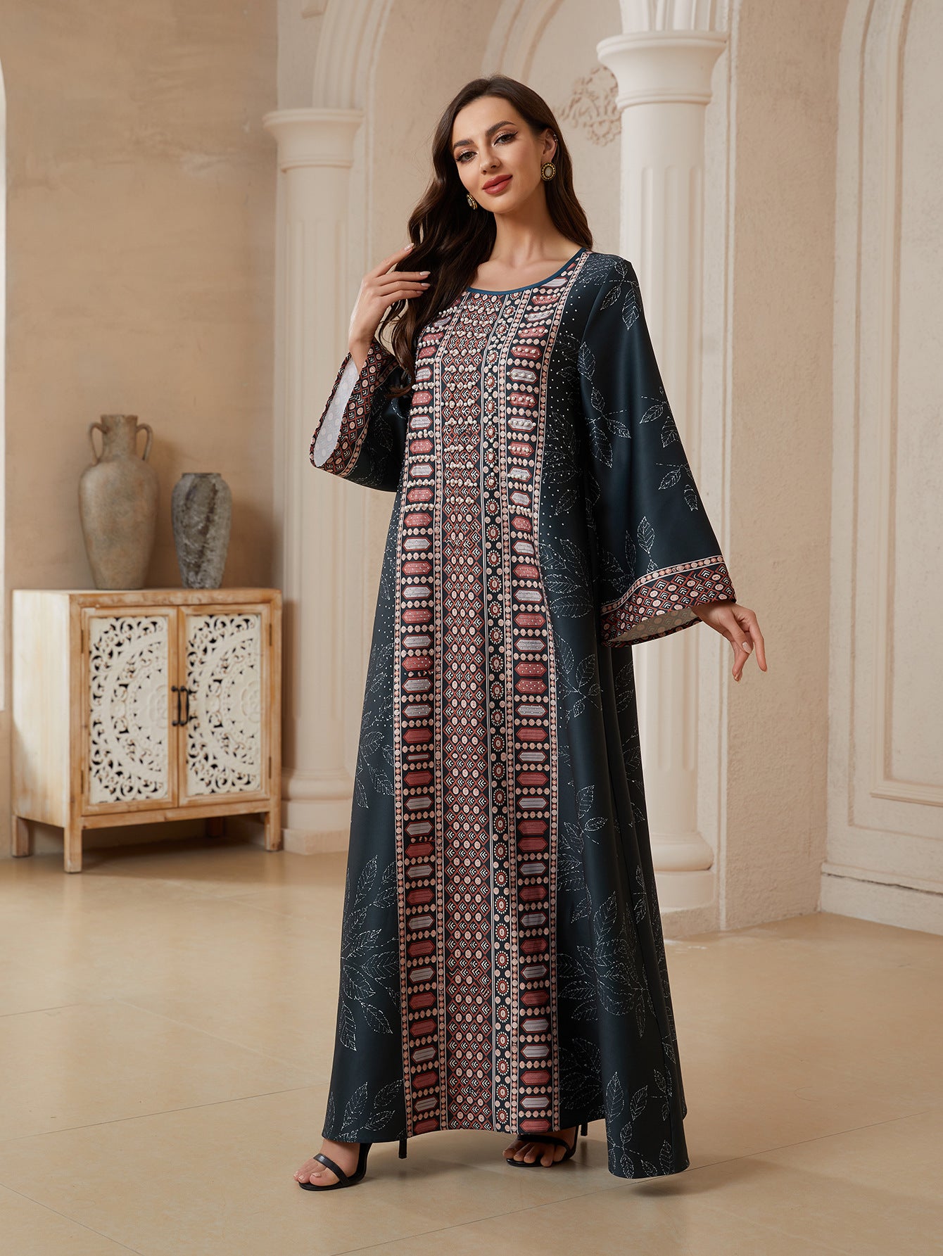 Women Round Neck Vertical Geometric Rhinestone Print Abaya Leaf Pattern Long Sleeve Maxi Jalabiya Dark Navy Matte Crepe Ethnic Modest Gown For Eid Mubarak Ramadan Wedding Evening Party