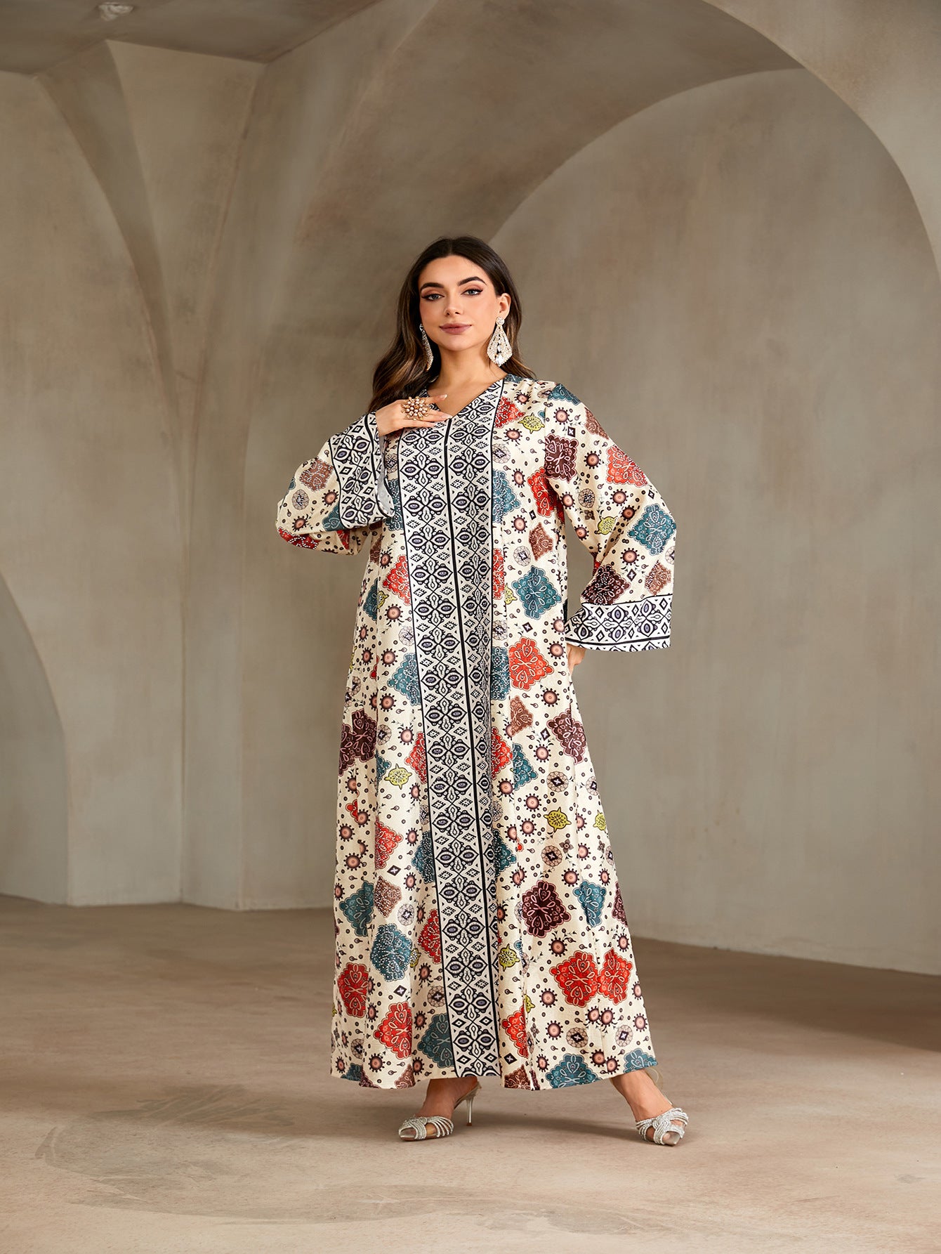 Ethnic Geometric Print Rhinestone Embellished Gown Jalabiya Modest Straight Maxi Dress for Muslim Women Eid Ramadan S-XXL