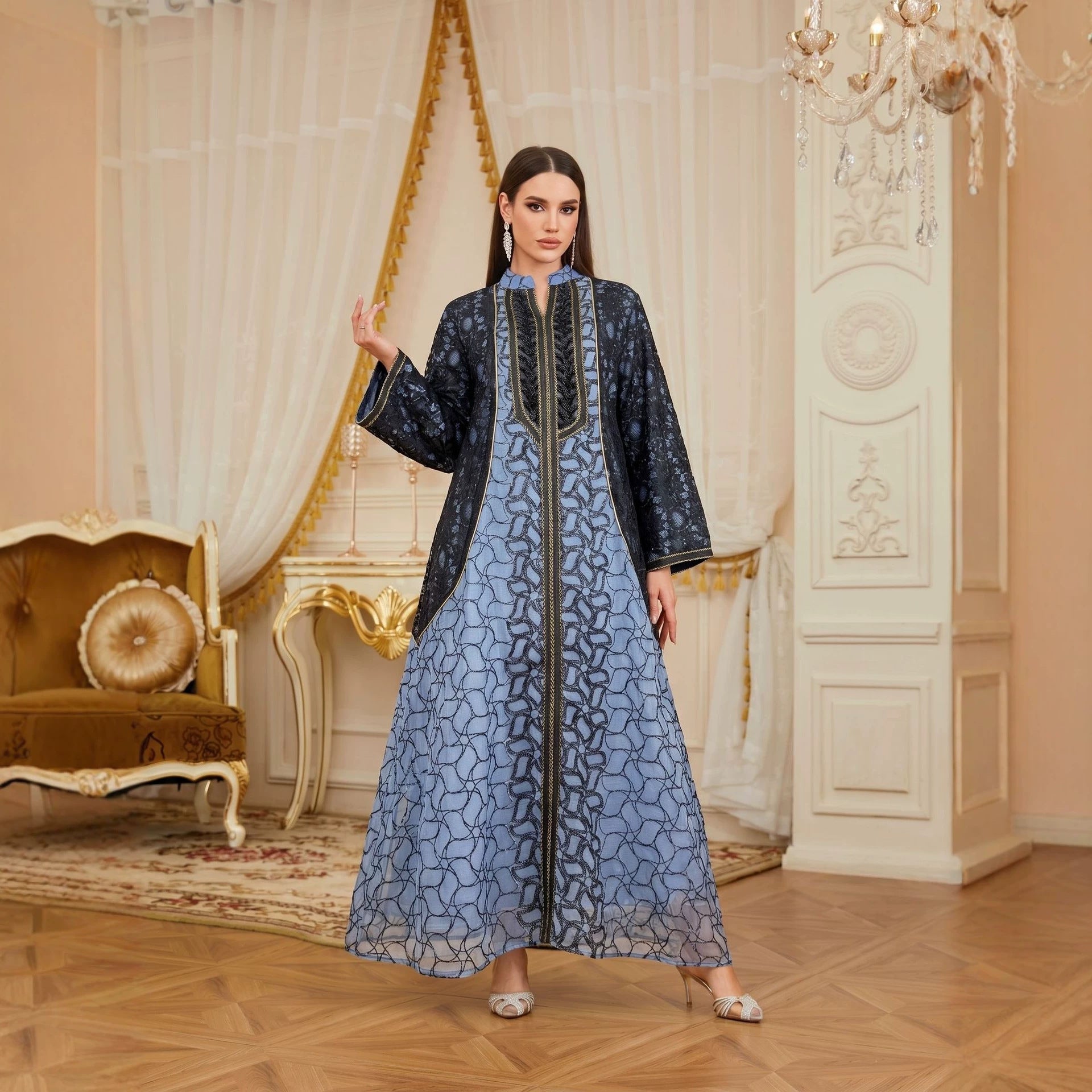 Luxury Banquet Sequin Embroidered Contrast Gown Jalabiya Modest Long Maxi Dress for Muslim Women Eid Ramadan Party S-XXL
