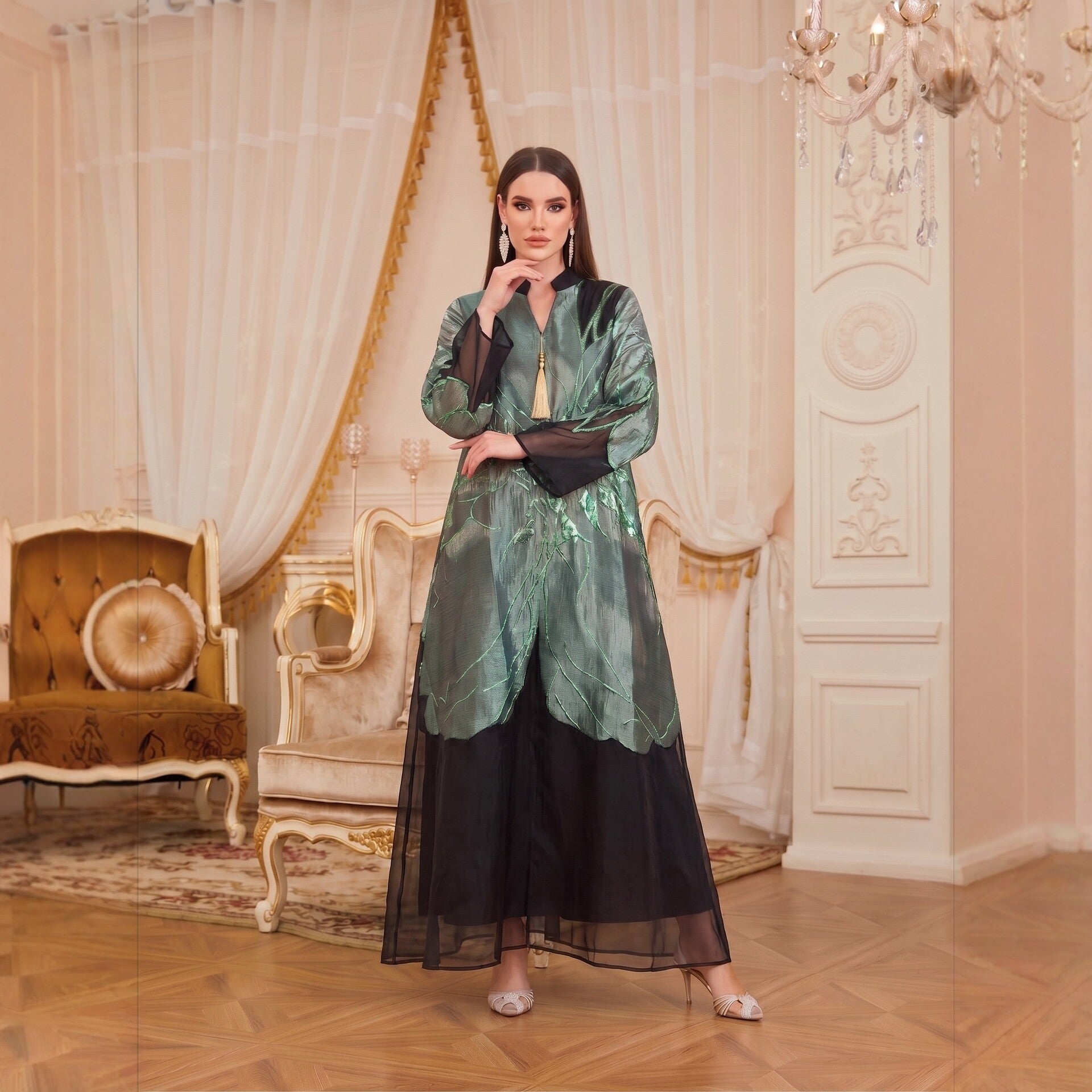Multi-Color V-Neck Jacquard Lined Evening Maxi Abaya Dress