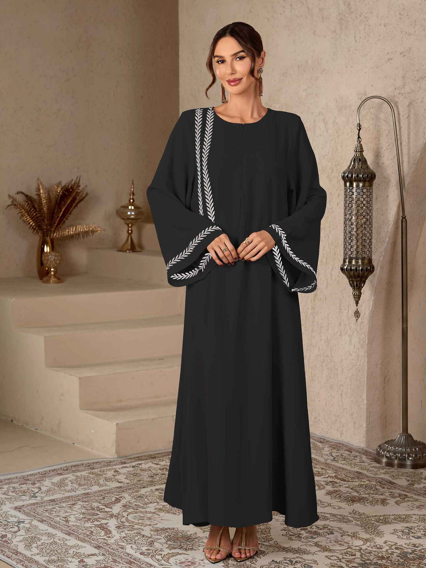 Apricot and Black Embroidered Open Cardigan Maxi Abaya Dress Jalabiya Modest Long Dress for Eid Ramadan Festive Celebration S-XXL