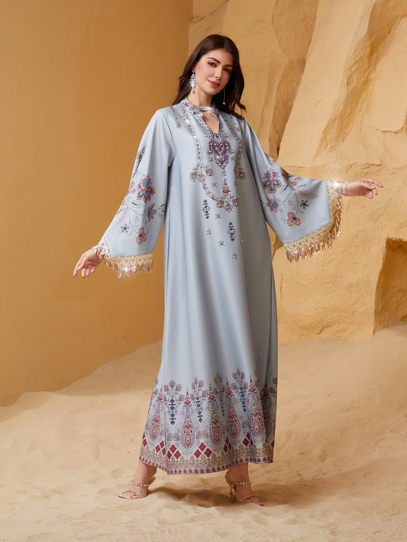 Refined Silver Grey V-Neck Tassel Evening Gown Maxi Abaya Ramadan