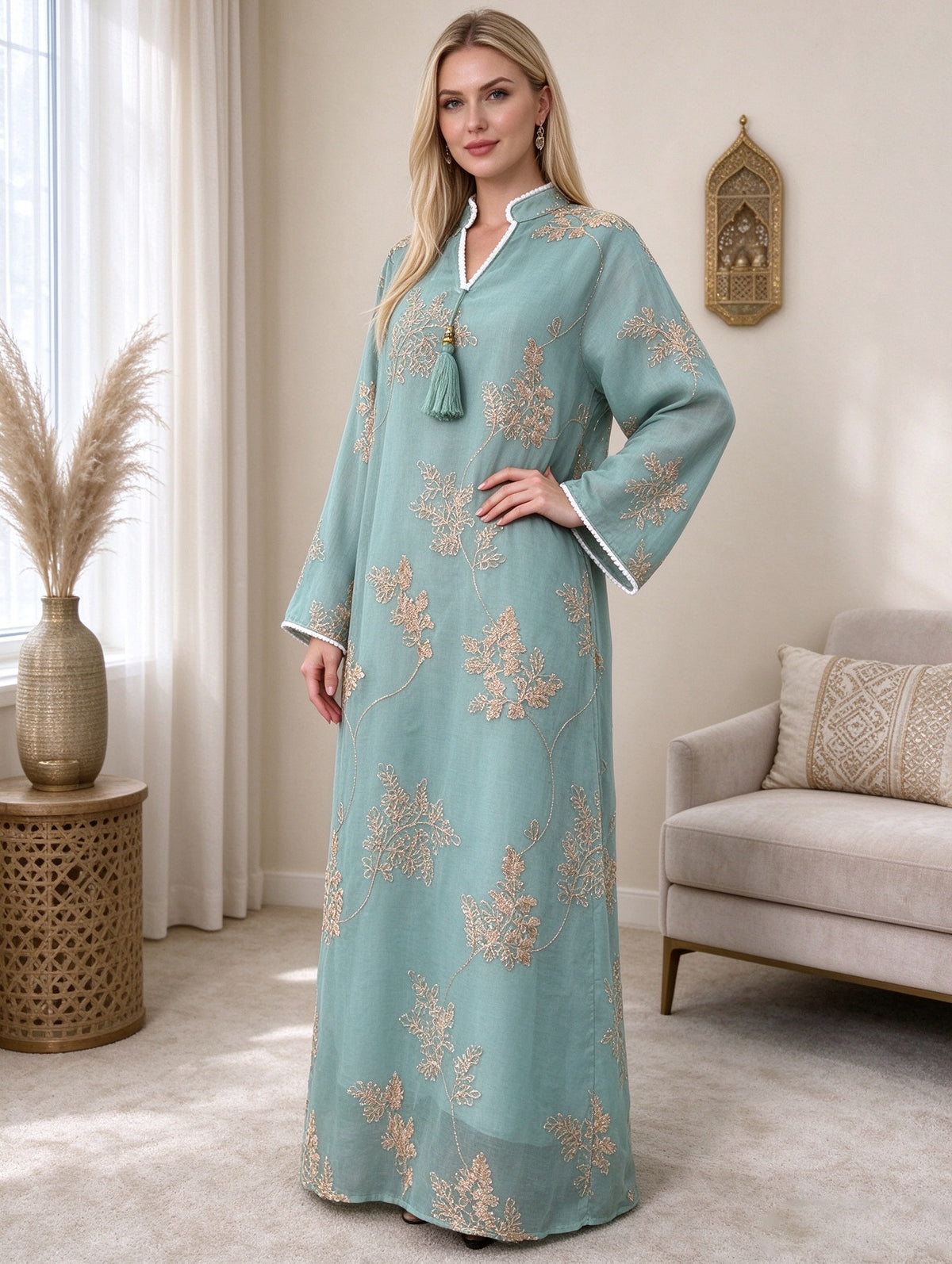 Graceful Mandarin Collar Mesh Embroidered Kaftan Dress with Tassel Detail Modest Maxi Gown for Muslim Women Banquet - 309
