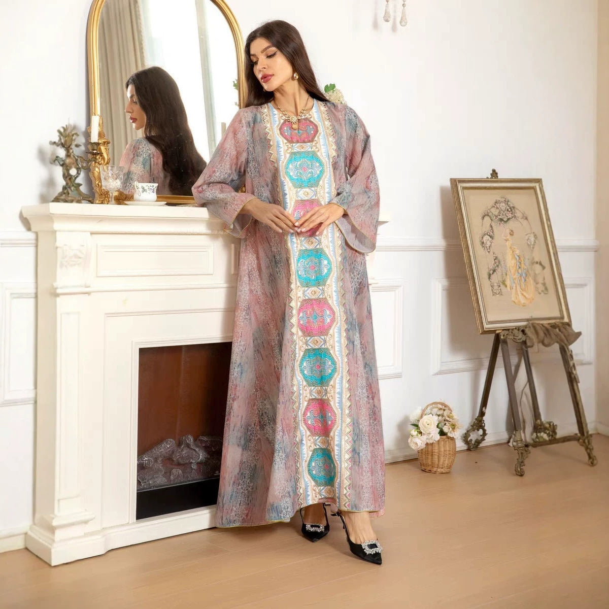 Pink Sequin Embroidered Gown Cover-up Long Maxi Dress Modest Muslim Jalabiya Robe for Women Eid Ramadan