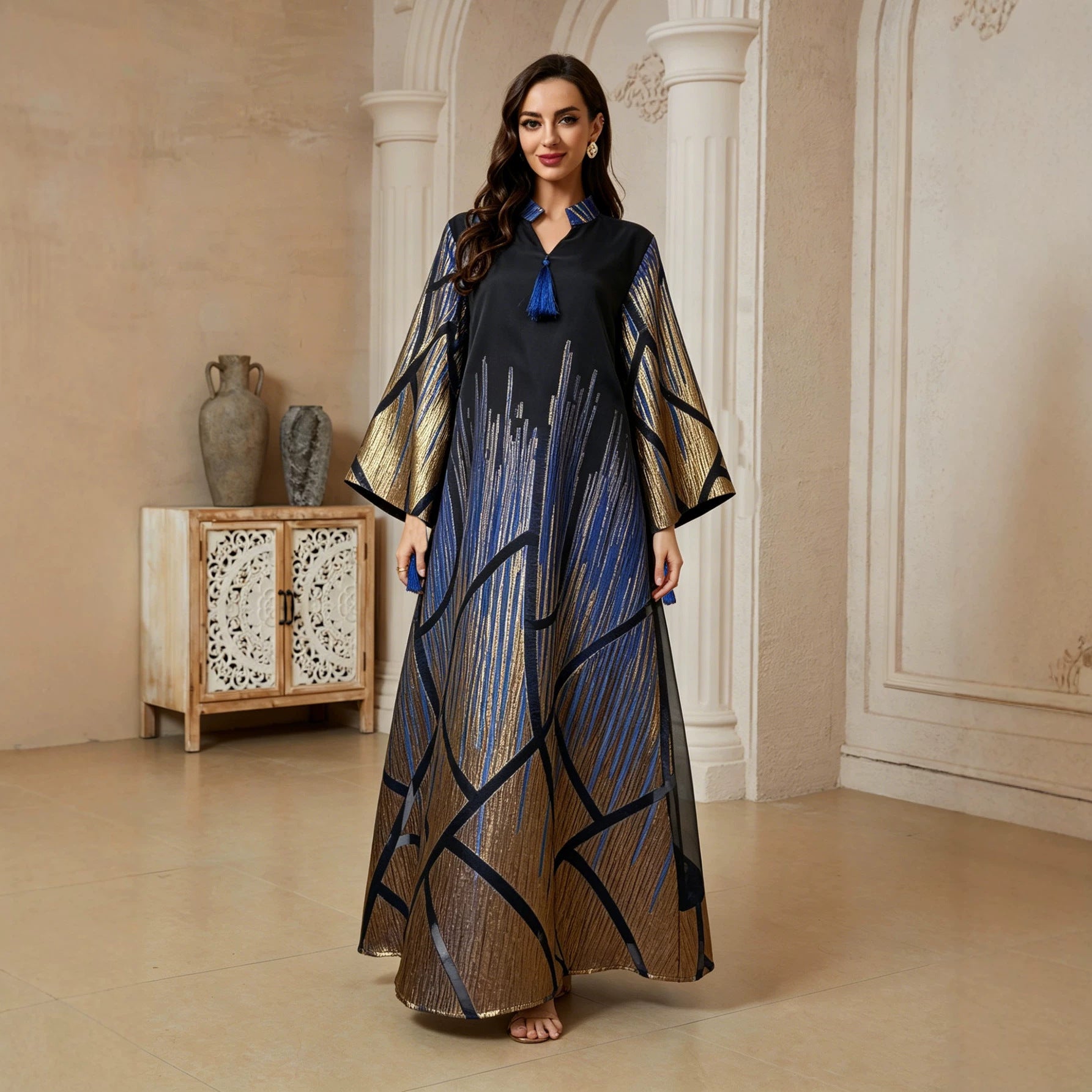 Dubai Islamic Modest Abaya Black Stand Collar Blue Gold Line Geometric Pattern Wide Bell Sleeve Oversized Kaftan Gown For Muslim Ladies Holiday Party
