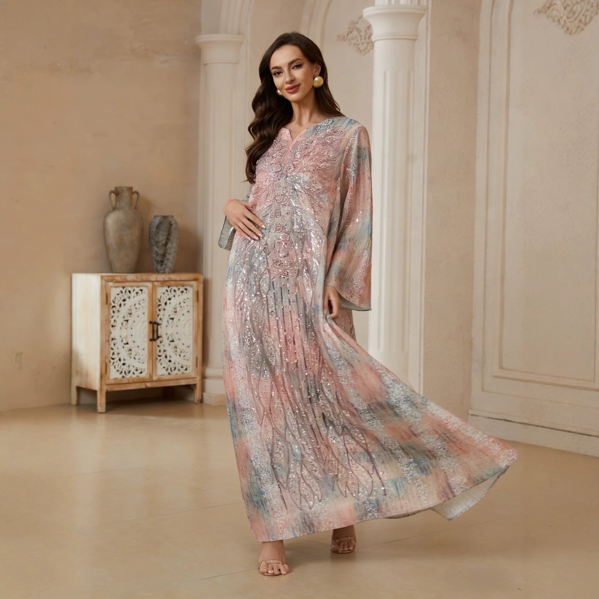Dubai Islamic Modest Abaya Pink Blue Gradient Tie Dye V Neck Shiny Sequin Embroidery Wide Bell Sleeve Oversized Kaftan Gown For Muslim Ladies Holiday Party