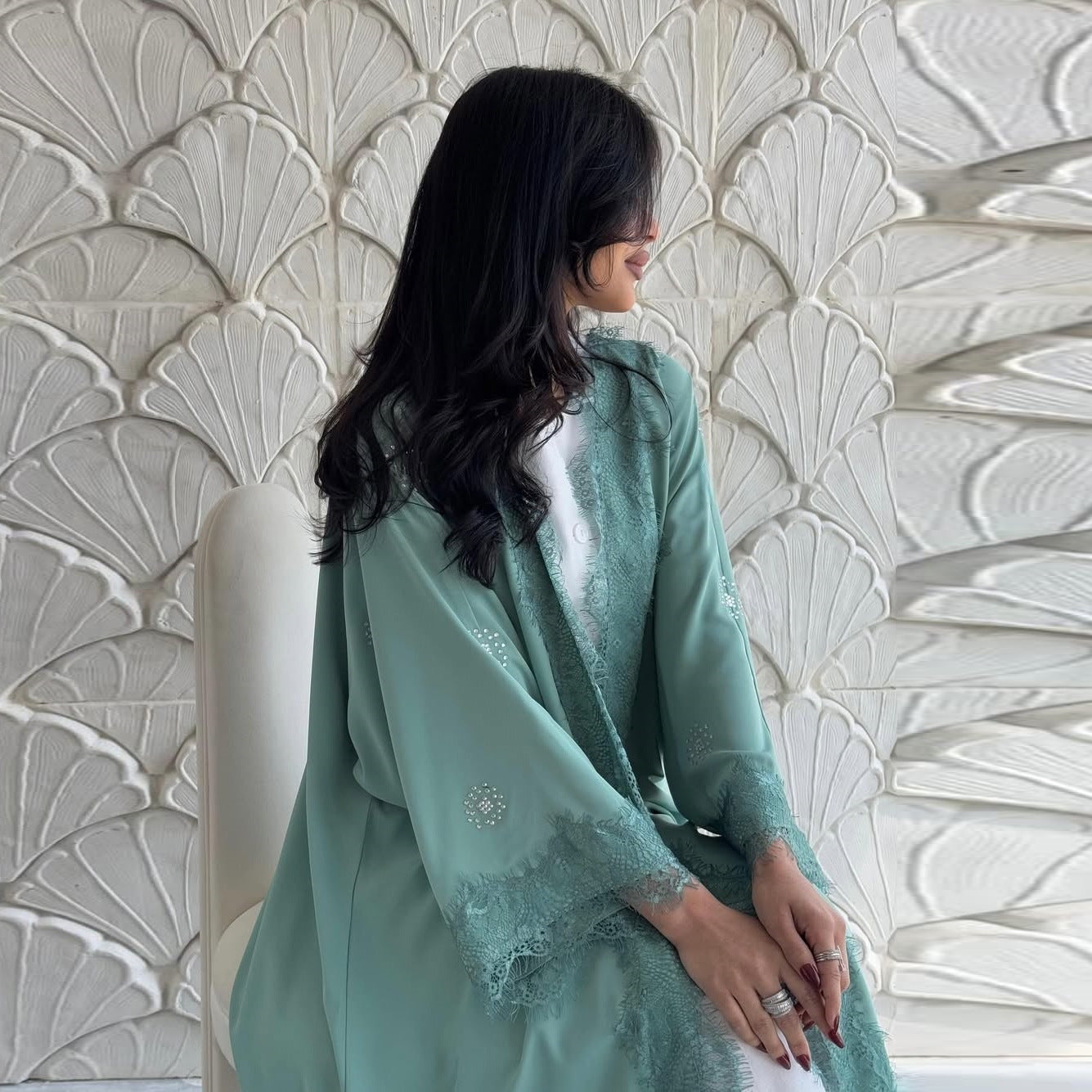 Light Green Lace Patchwork Long Open Abaya - Plus Size Modest Maxi Cardigan