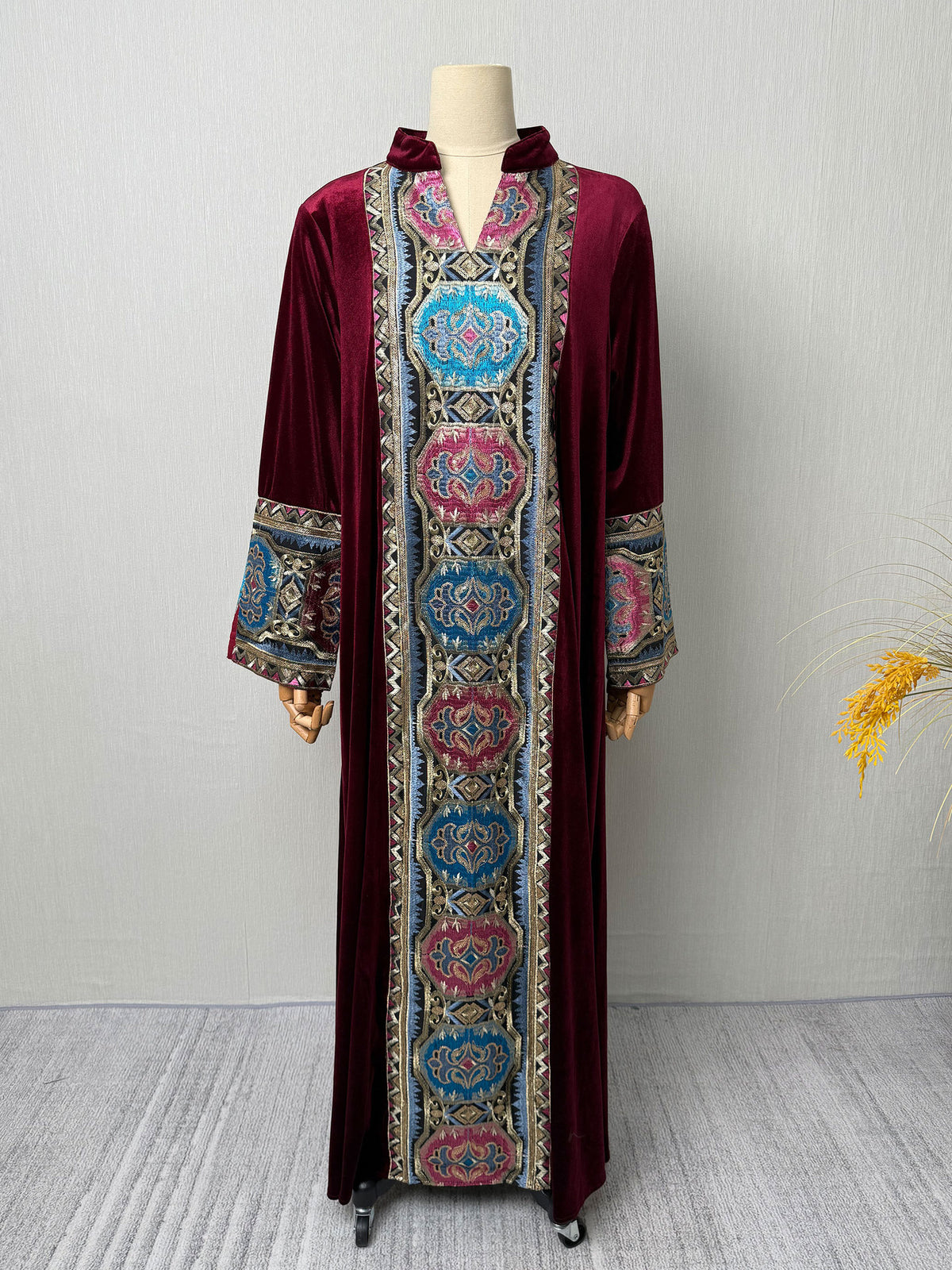 Wine Red Dark Green Black Velvet Embroidered Stand Collar Long Sleeve Gown Maxi Dress Modest Muslim Banquet