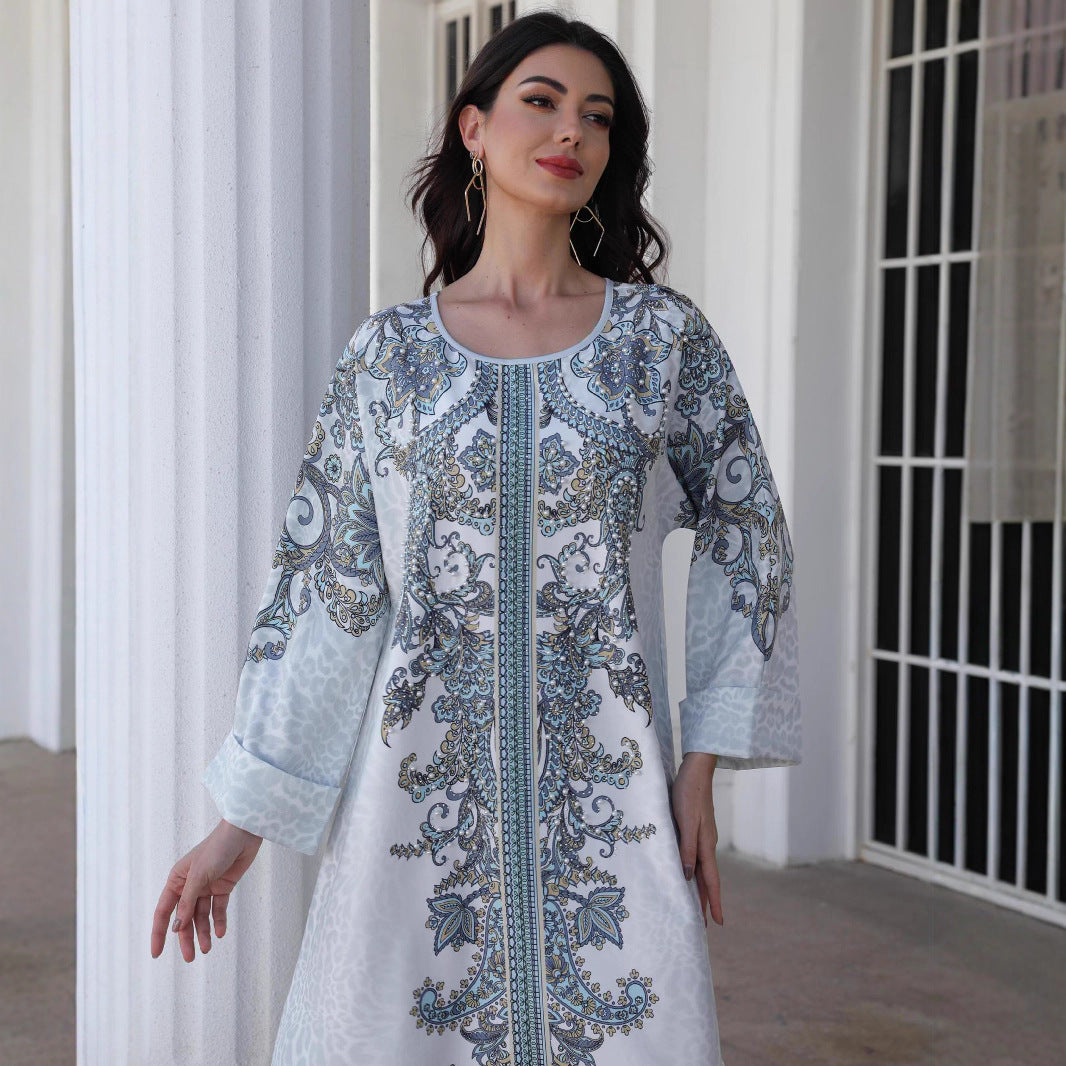 Grey Floral Print Mandarin Collar Rhinestone Plus Size Maxi Abaya